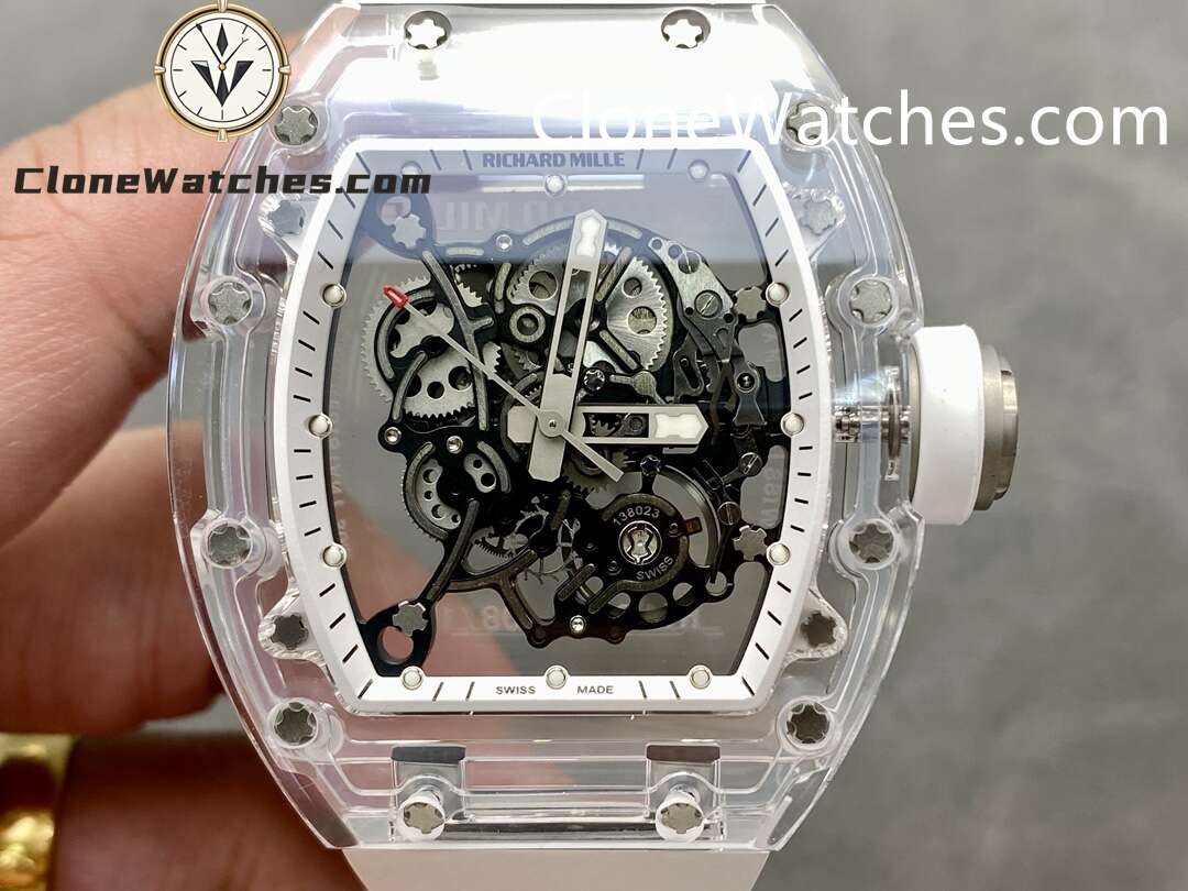 Richard Mille Super Clone Watches 1:1 RM 055 Ceramics Tourbillon Fully Transparent White Strap