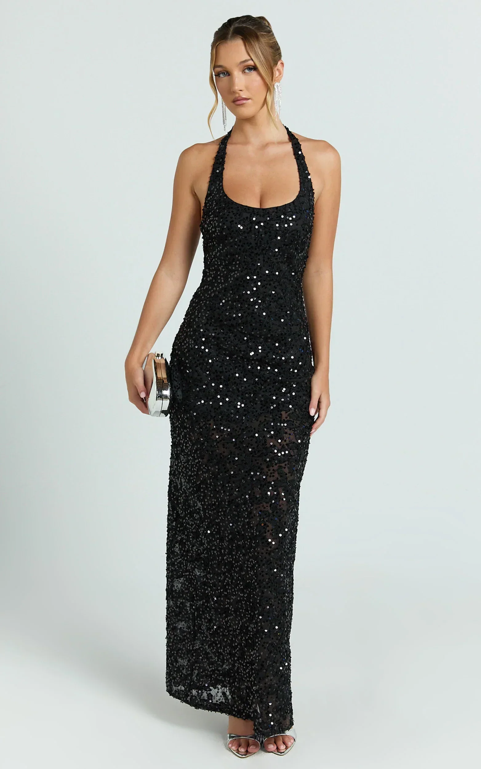 Benny Maxi Dress - Halter Neck Backless Bodycon Dress in Black