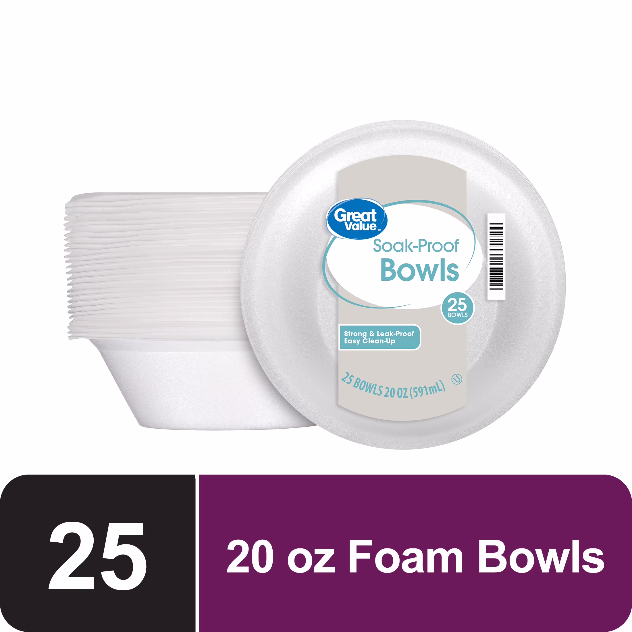 (4 pack) Great Value Disposable Foam Bowls, 20 oz, 25 Count