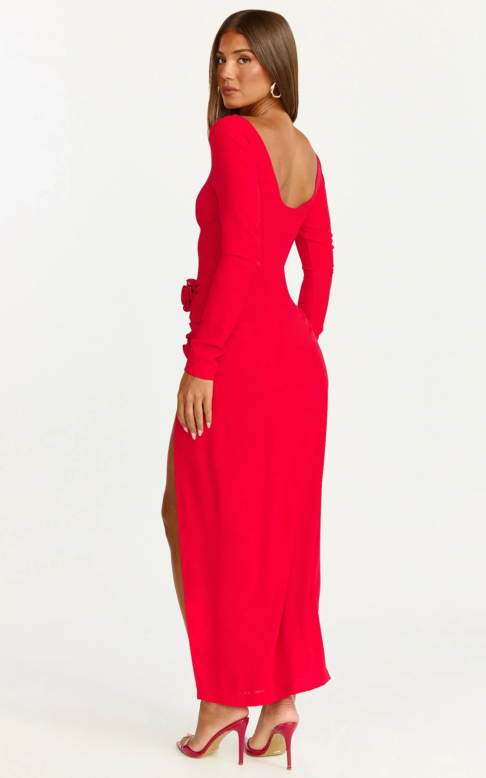 Vivienne Maxi Dress - Boat Neck Long Sleeve Rosette Detail Dress in Red