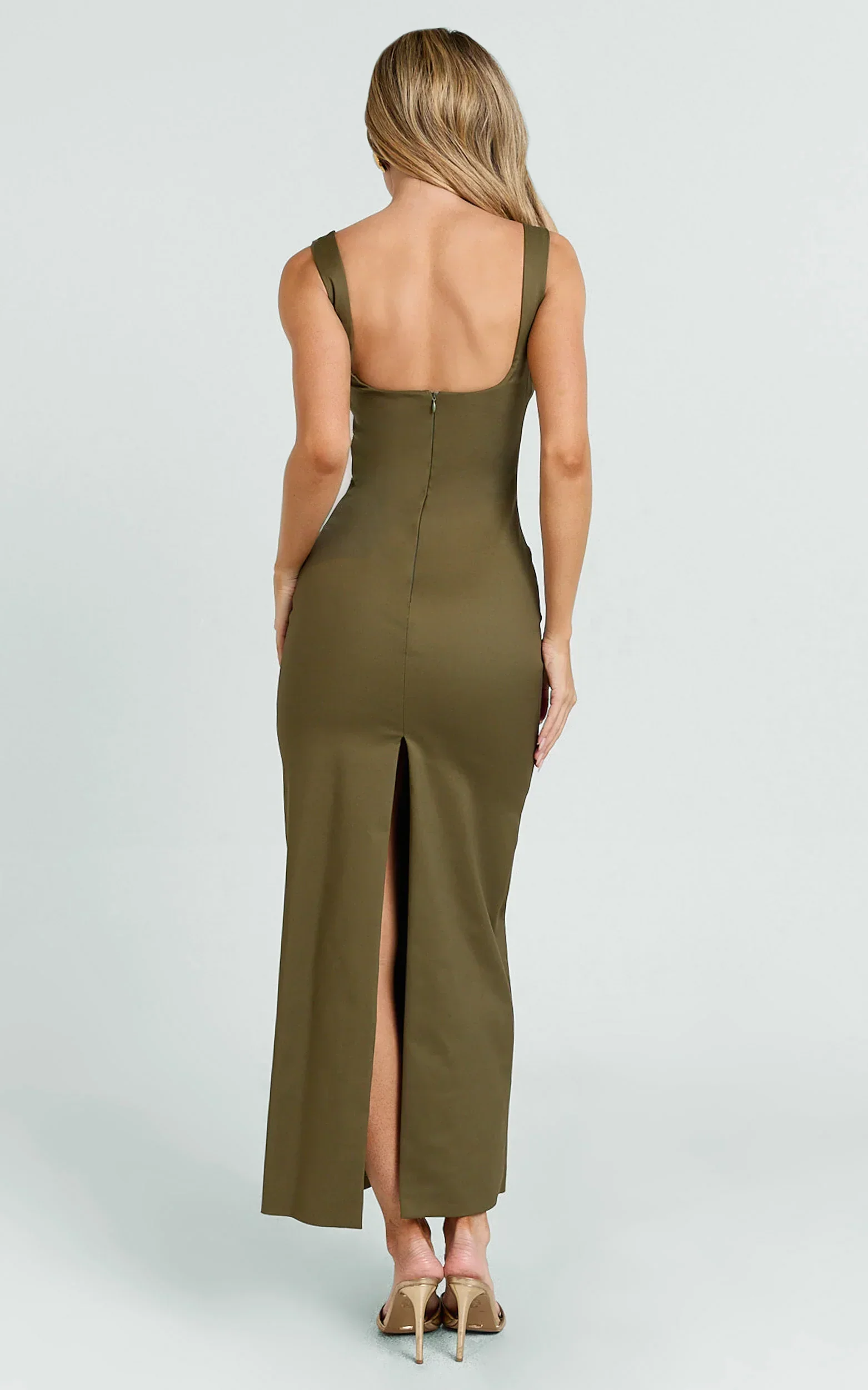 Benita Midi Dress - Scoop Neck Ruched Fitted Dress in Olive