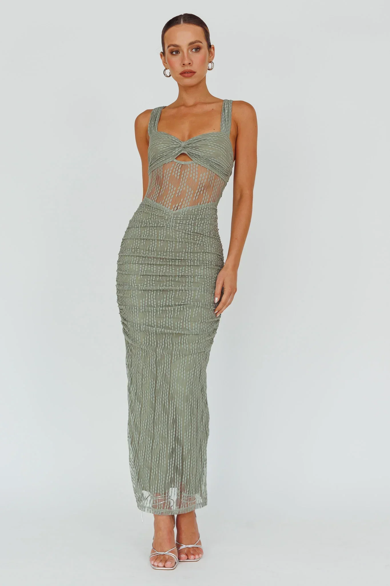Oliana Embroidered Mesh Midi Dress Fern