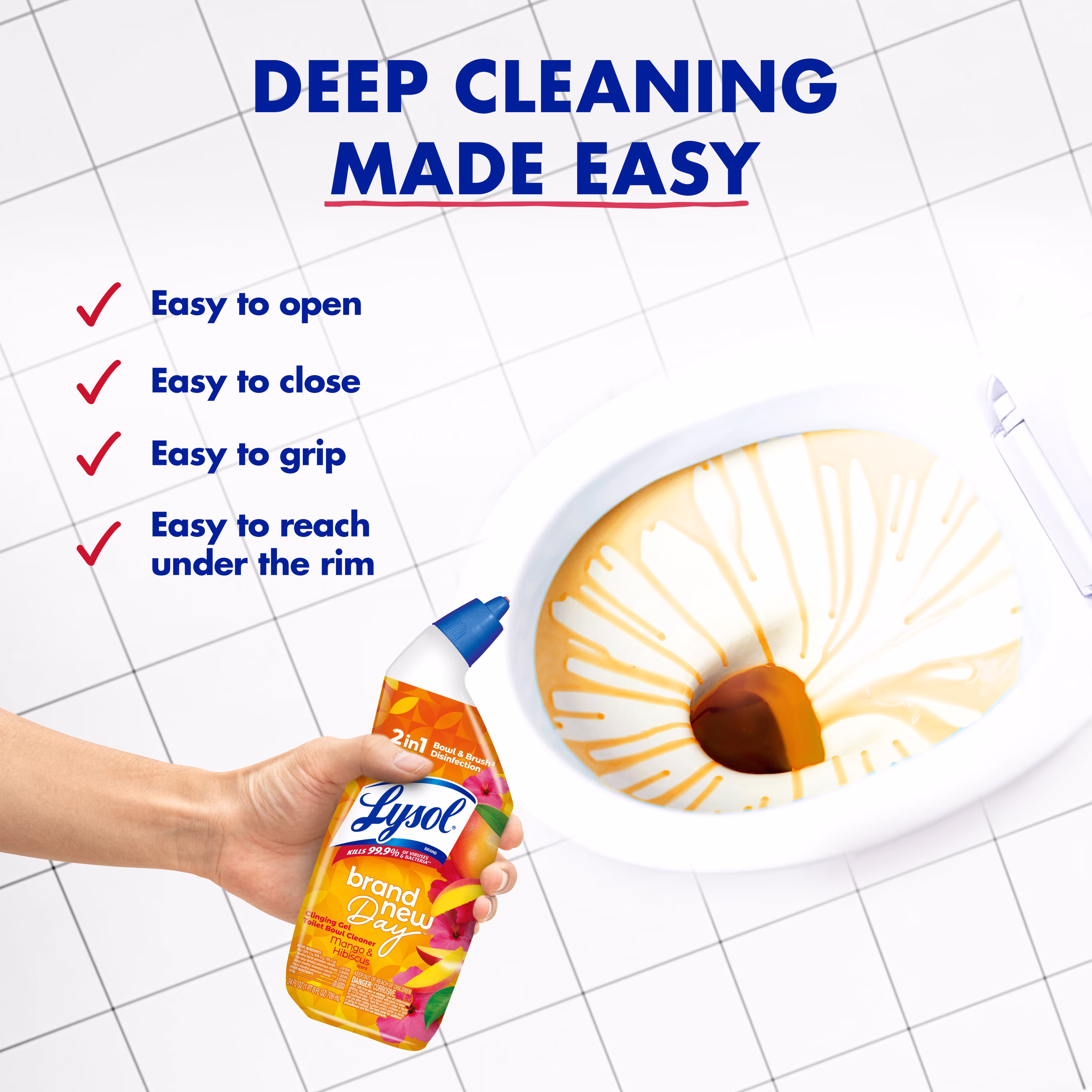 Lysol Toilet Bowl Cleaner Clinging Gel, Disinfecting Bathroom Cleaner and Toilet Bowl Stain Remover, Mango & Hibiscus Scent, 24 fl oz