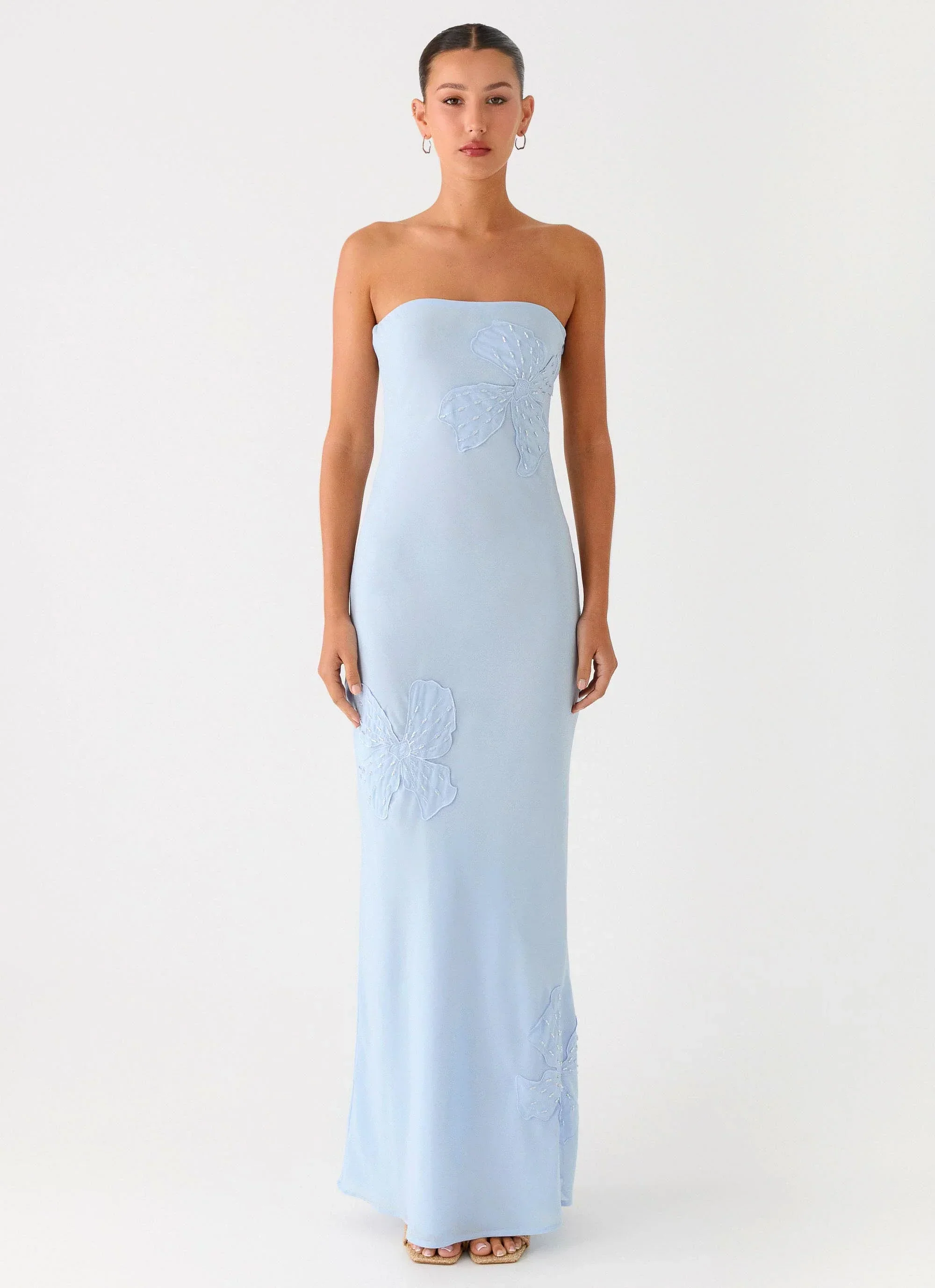 Sassafras Beaded Flower Strapless Maxi Dress - Blue