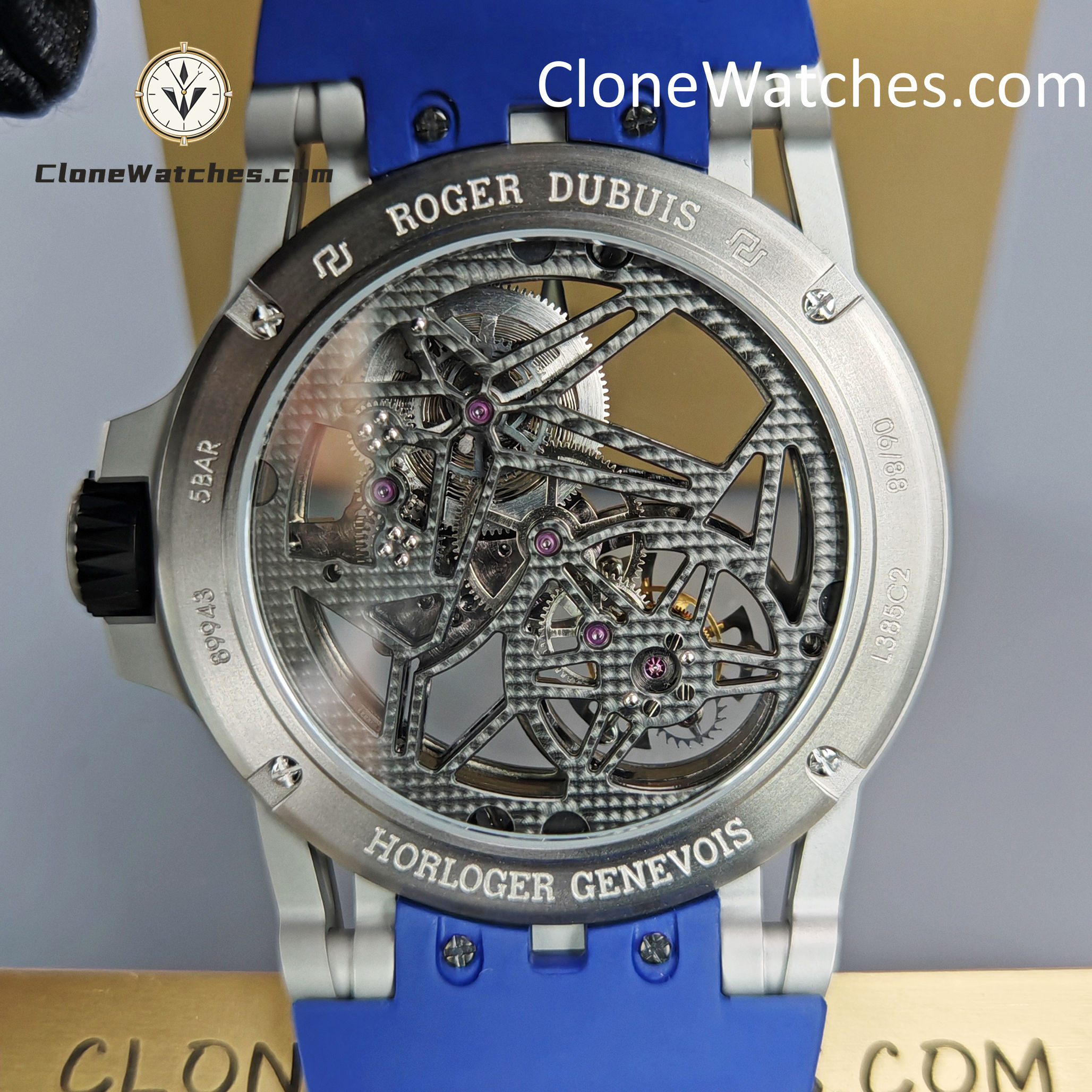 Roger Dubuis Super Clone Watches 1:1 Excalibur Skeleton Tourbillon RDDBEX0479 45MM Blue Strap
