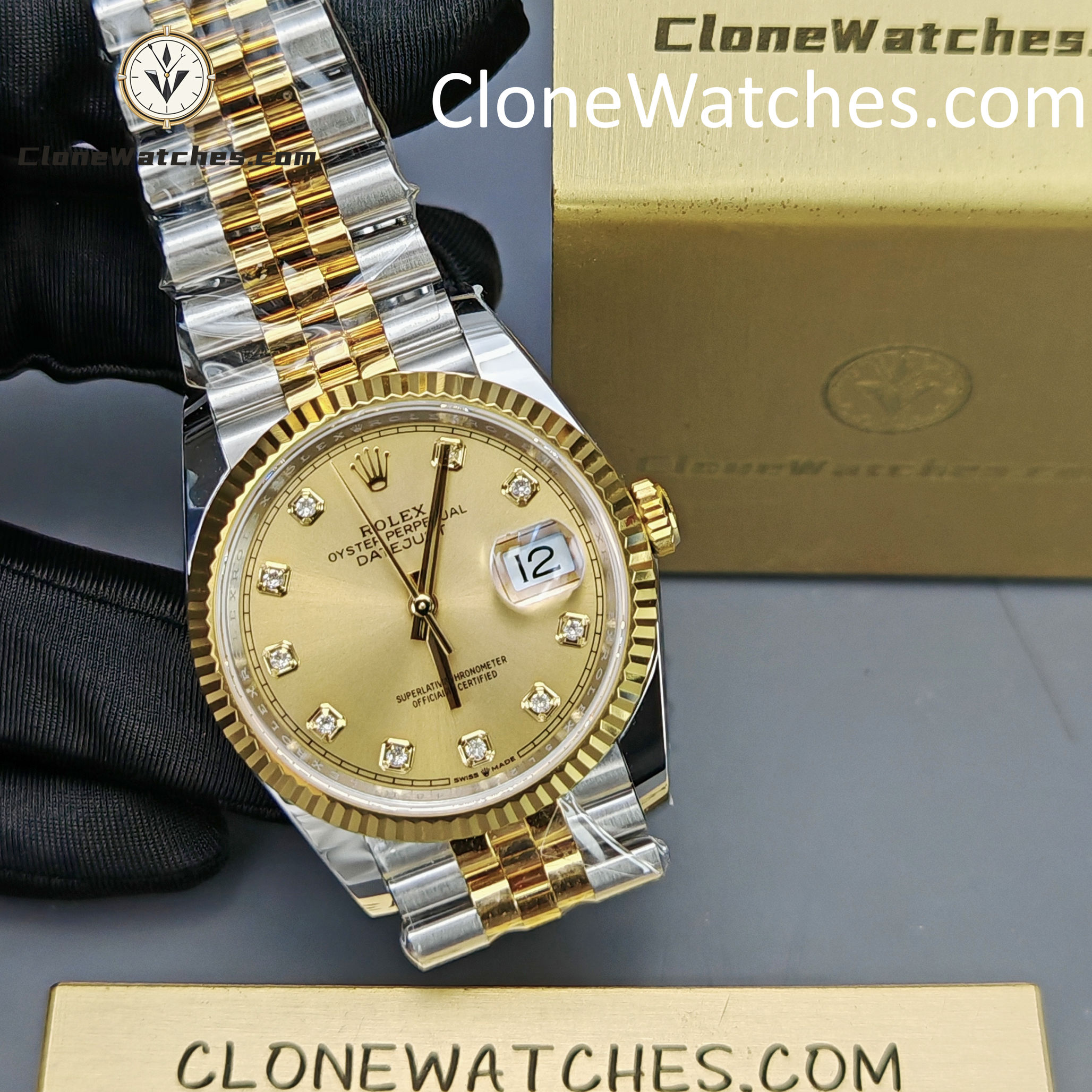 Rolex Super Clone Watches 1:1 DateJust Gold Diamond Dial m126233-0017 Jubilee 36MM 3235 Movement