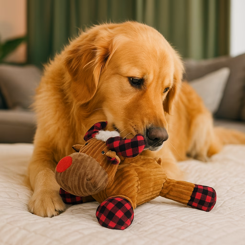 Vibrant Life Holiday Plush Dog Toy, Moose with Santa Hat, Brown & Red, 11 in