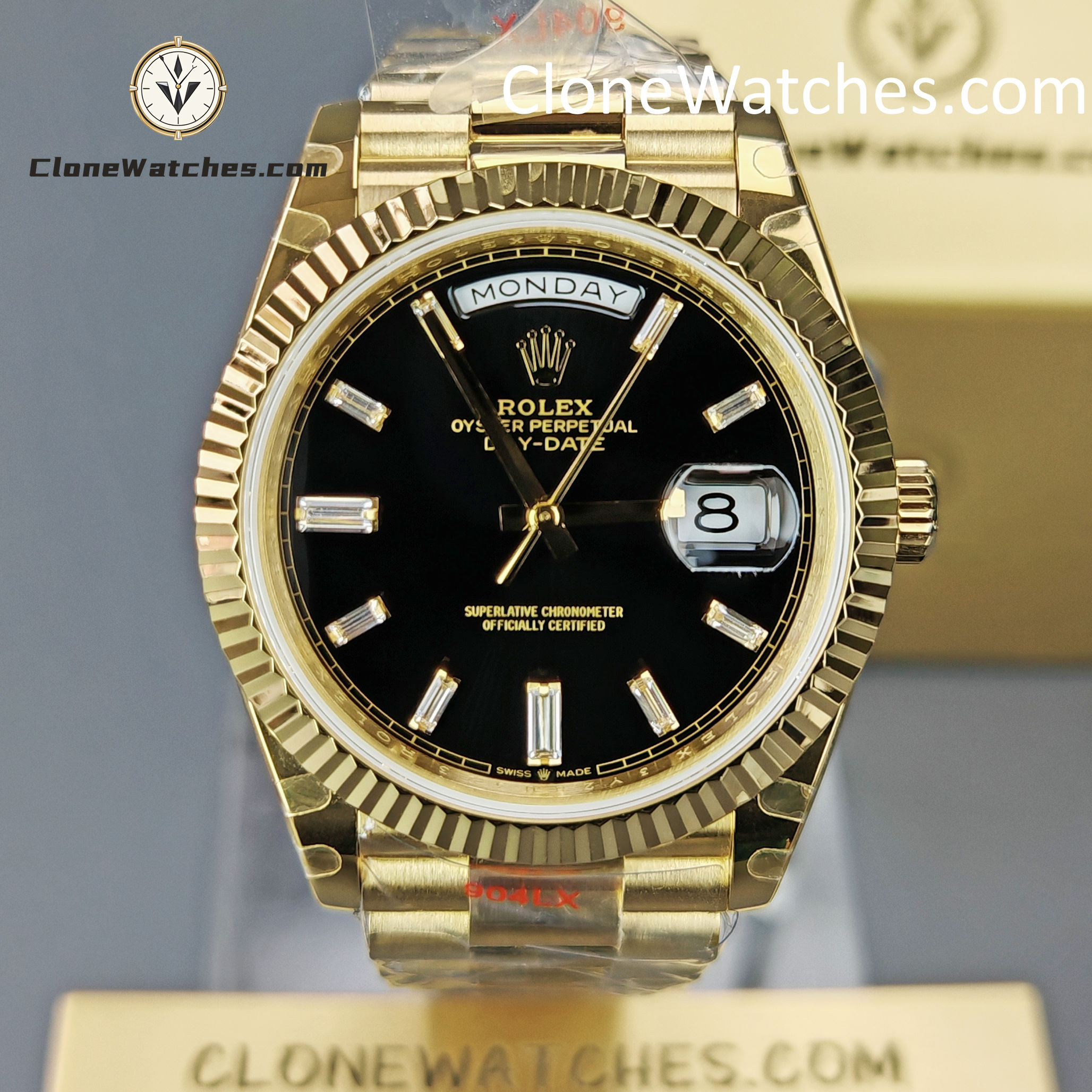 Rolex Super Clone Watches 1:1 Day Date 18K Gold Black Diamond Dial 40mm m228238-0059 3255 Movement