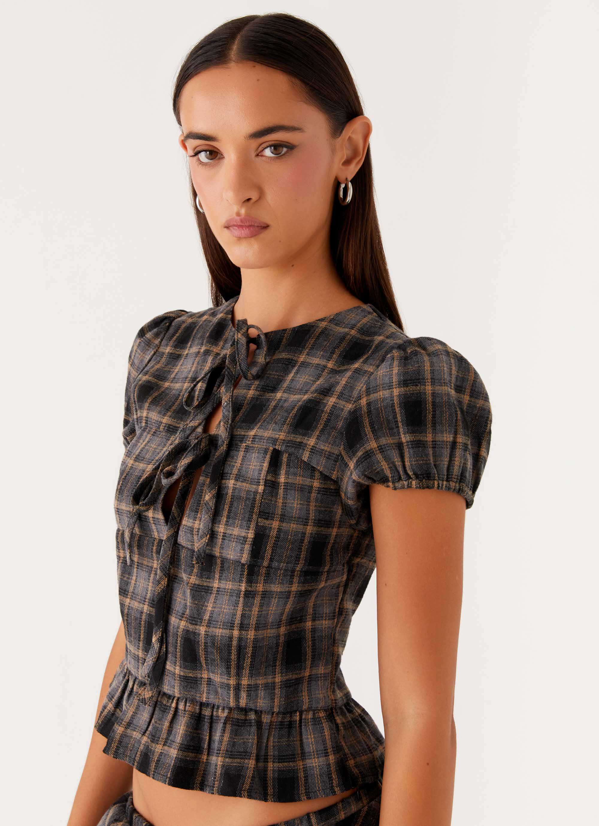 Lucia Puff Sleeve Top - Brown Check