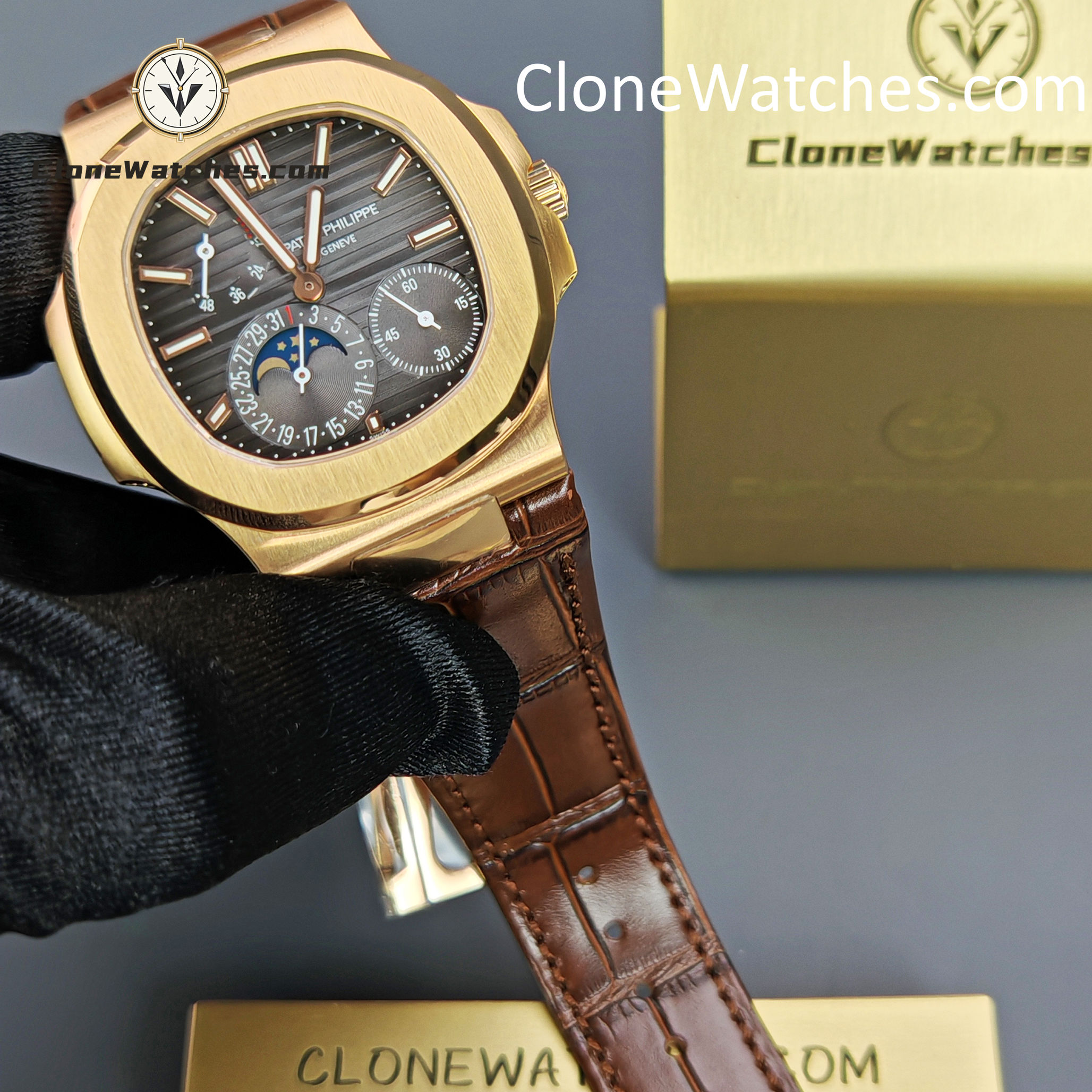 Patek Philippe Super Clone Watches 1:1 Nautilus 5712 Grey Dial Brown Leather Strap