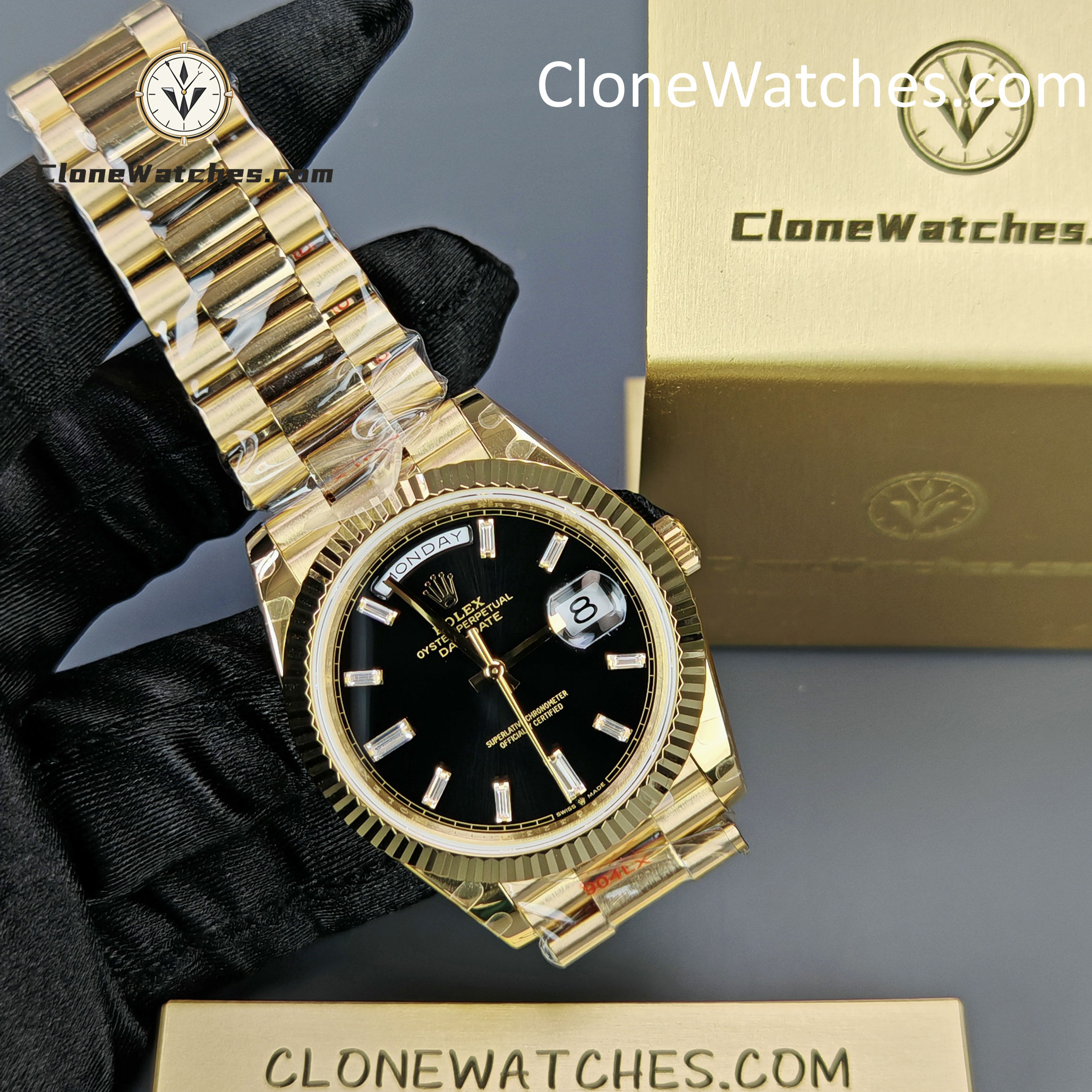 Rolex Super Clone Watches 1:1 Day Date 18K Gold Black Diamond Dial 40mm m228238-0059 3255 Movement