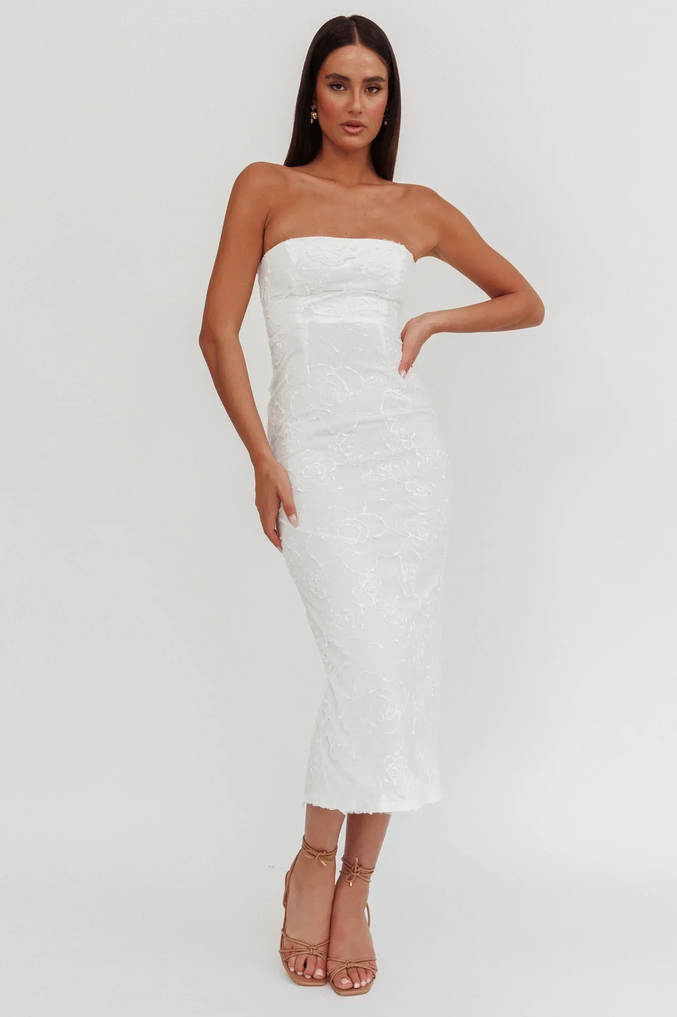 Bia Strapless Embroidered Midi Dress White