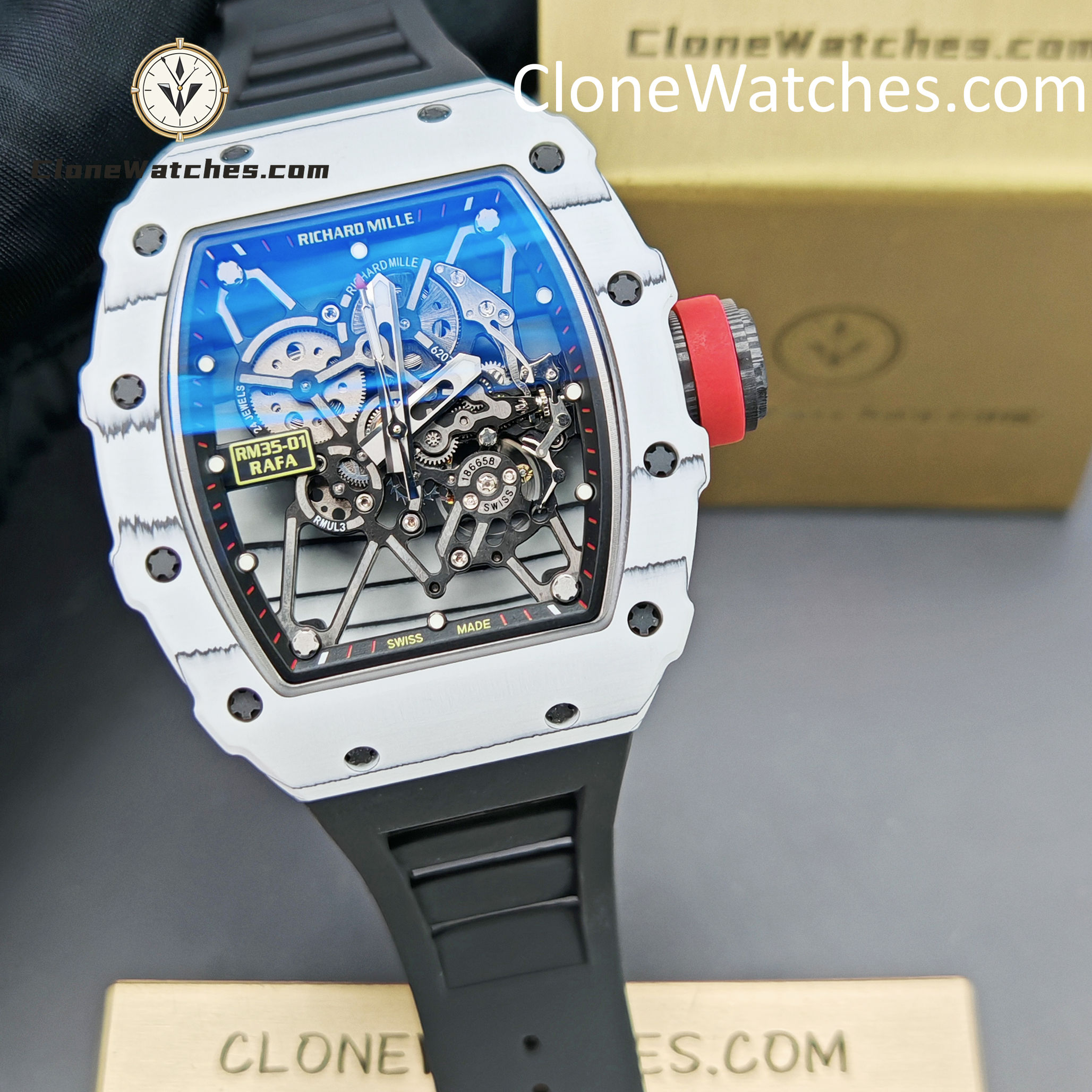 Richard Mille Super Clone Watches 1:1 RM 035 – 01 White Carbon Tourbillon Black Strap
