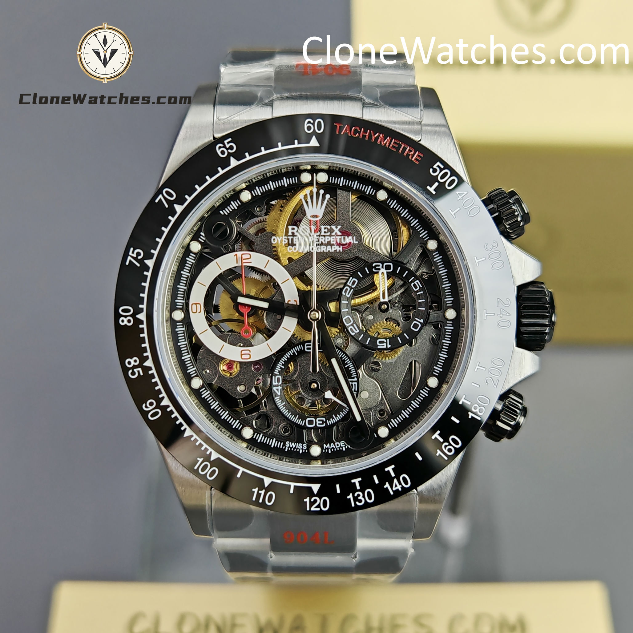 Modified Super Clone Watches 1:1 Sonic Rolex Daytona Black Skeleton Dial 4130