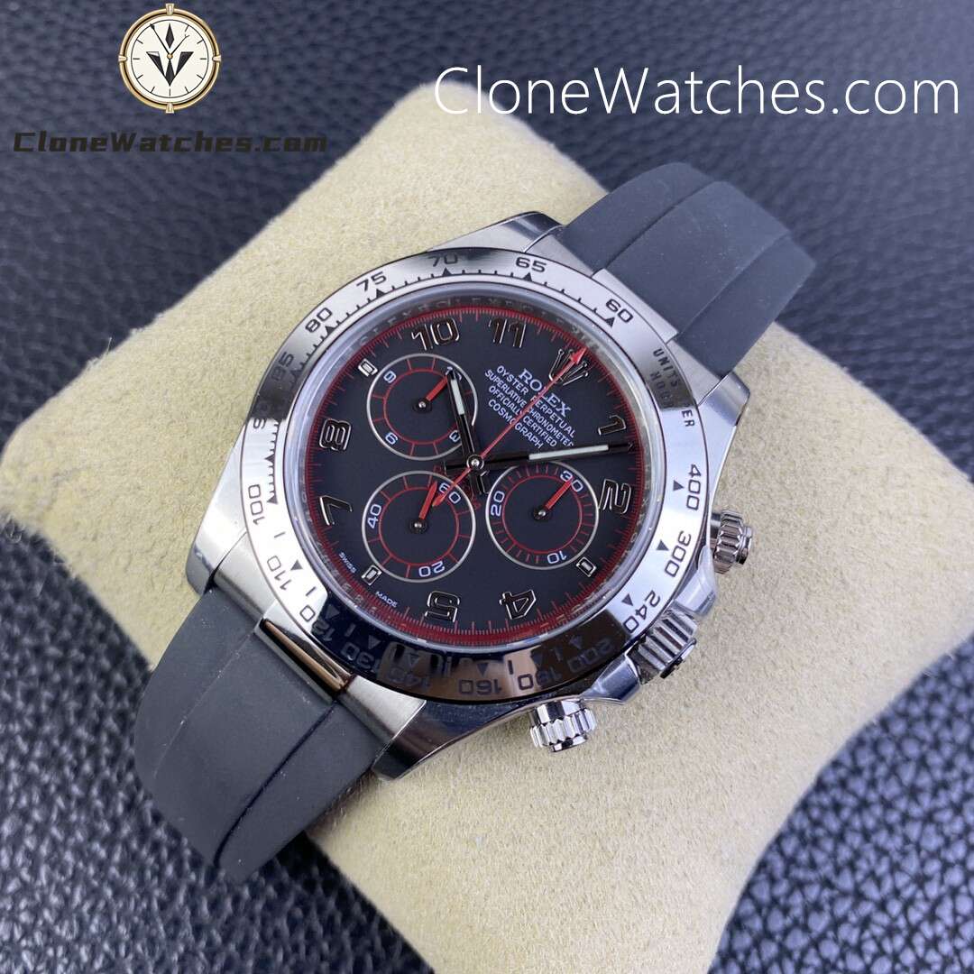 Rolex Super Clone Watches 1:1 Daytona Black/Red Dial Rubber Strap M116519 4130 Movement