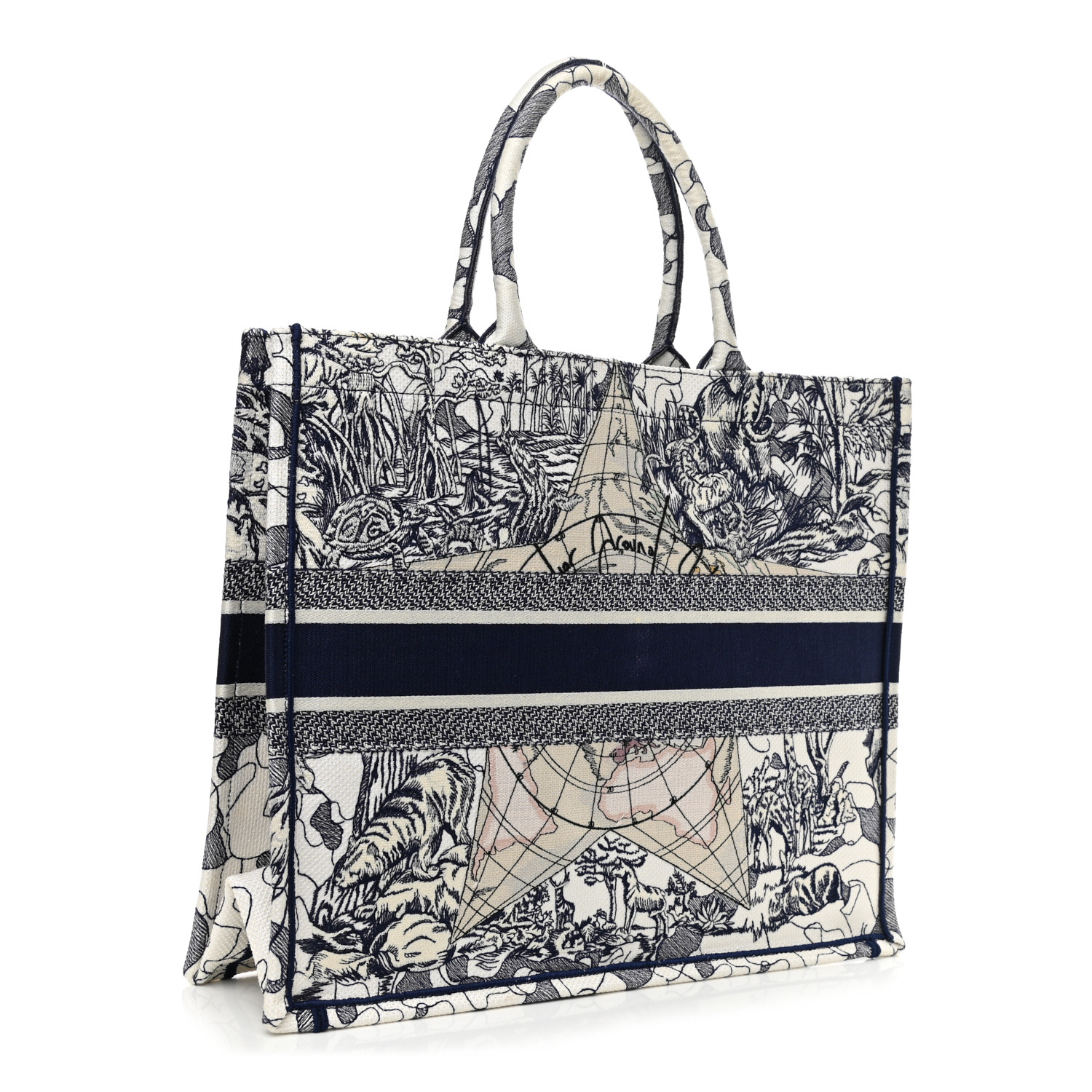 CHRISTIAN DIOR Canvas Embroidered Large Around The World Book Tote Blue