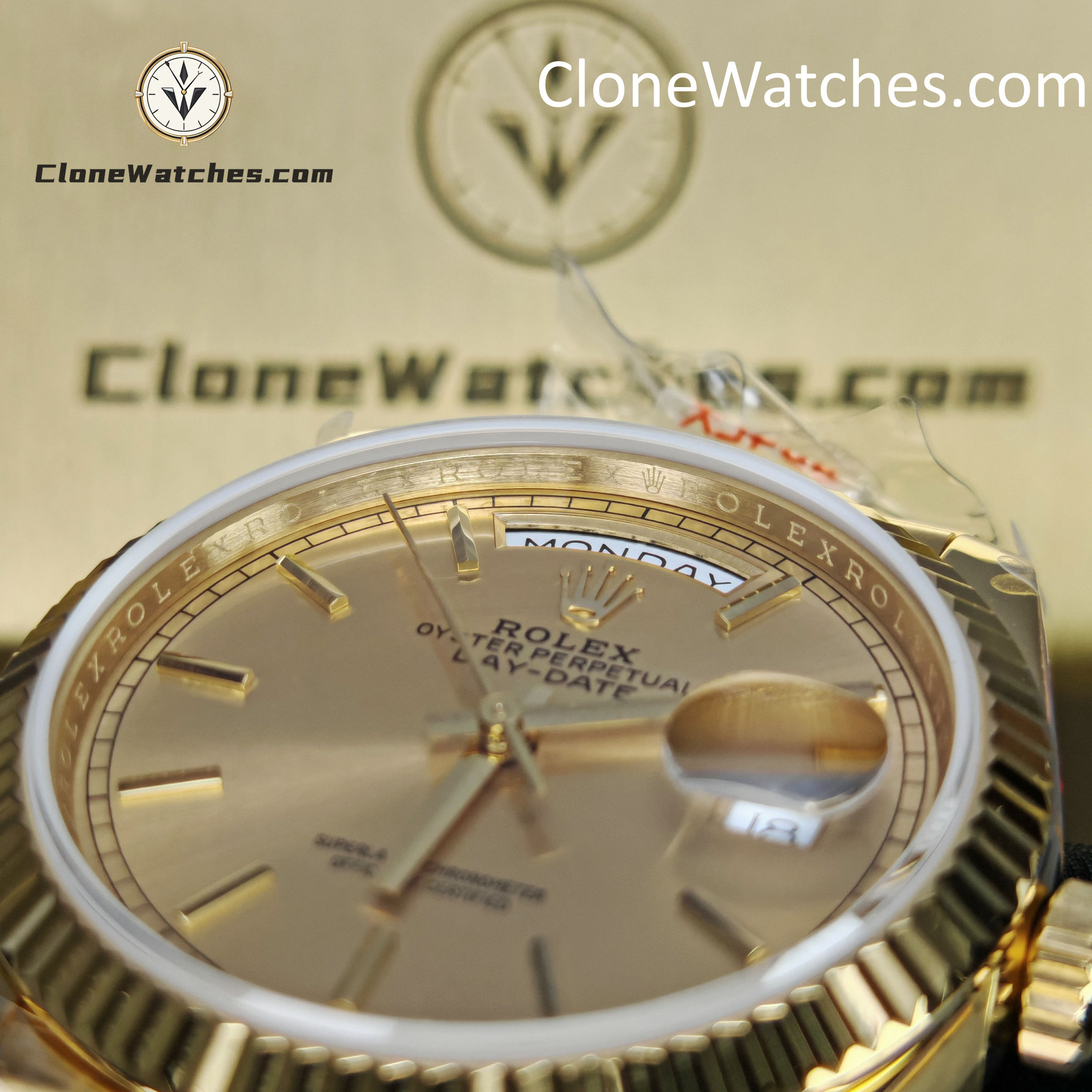 Rolex Super Clone Watches 1:1 Day Date 18K Gold Champagne Dial 36mm m128238-0045 3255 Movement