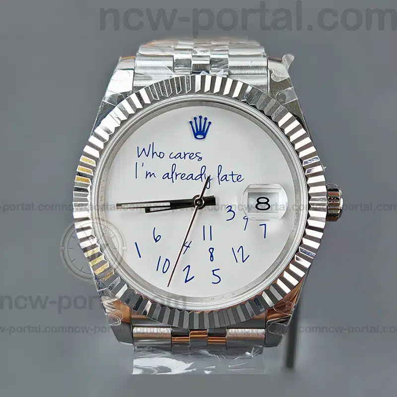 Rolex Super Clone Watches 1:1 DateJust “Who Cares I’m Already Late” White Custom Dial m126334 Jubilee 41MM 3235 Movement