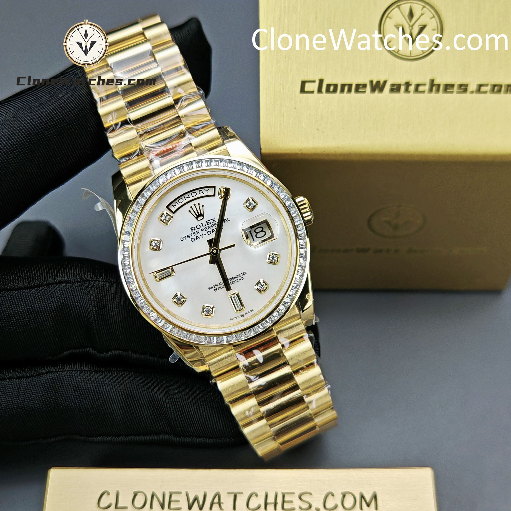 Rolex Super Clone Watches 1:1 Day Date Mother of Pearl Diamond Dial m128398tbr-0004 3255 Movement 36 mm