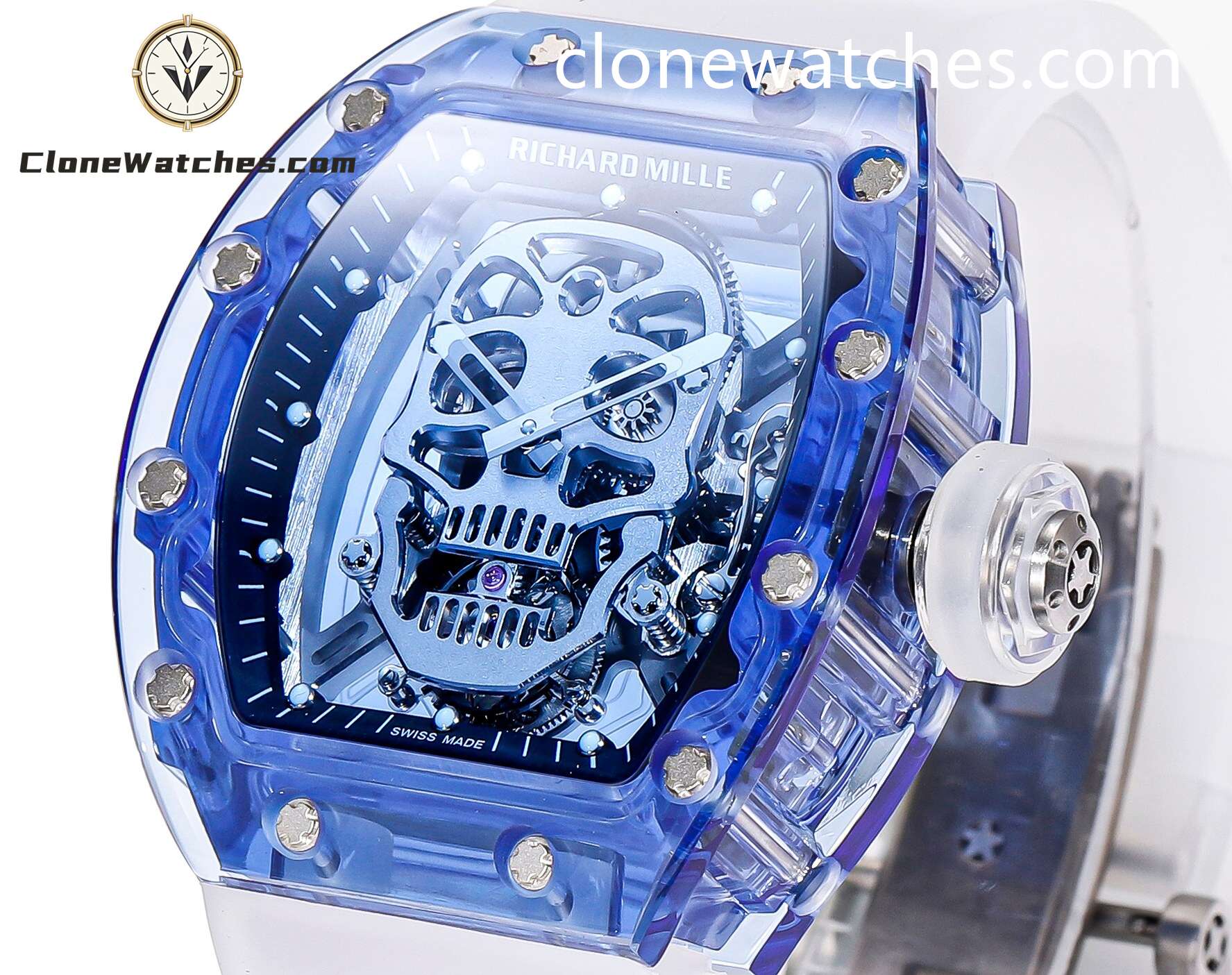 Richard Mille Super Clone Watches 1:1 RM 052 Blue Crystal Full Transparent Tourbillon White Strap
