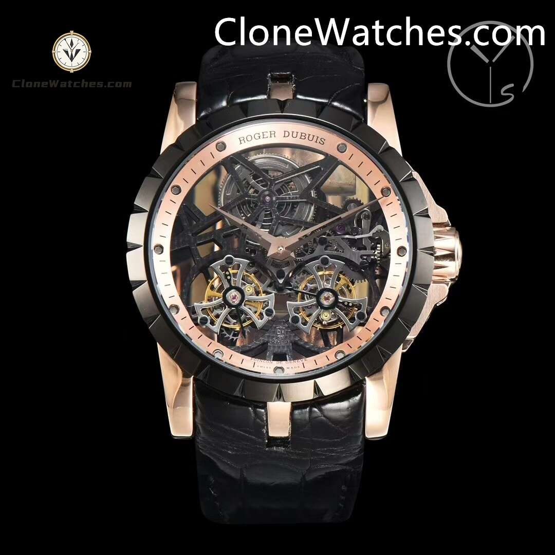 Roger Dubuis Super Clone Watches 1:1 Excalibur Rose Gold Skeleton Double Flying Tourbillon RDDBEX0397 45MM