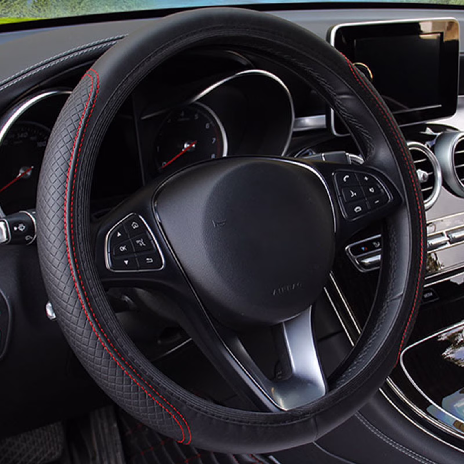Moonsky Car Accessories 2024 Car Steering Wheel Cover with Long-lasting PU Leather, Universal 15 Inch Fit for Car Truck SUV, Breathable Slip Auto Steering Wheel Covers for Men and Women Deep Red