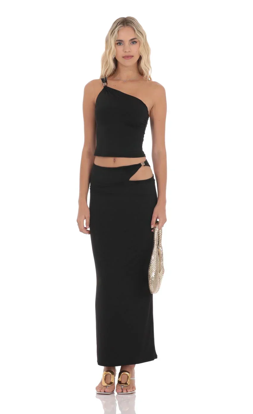 Cutout Embellished Maxi Skirt in Black