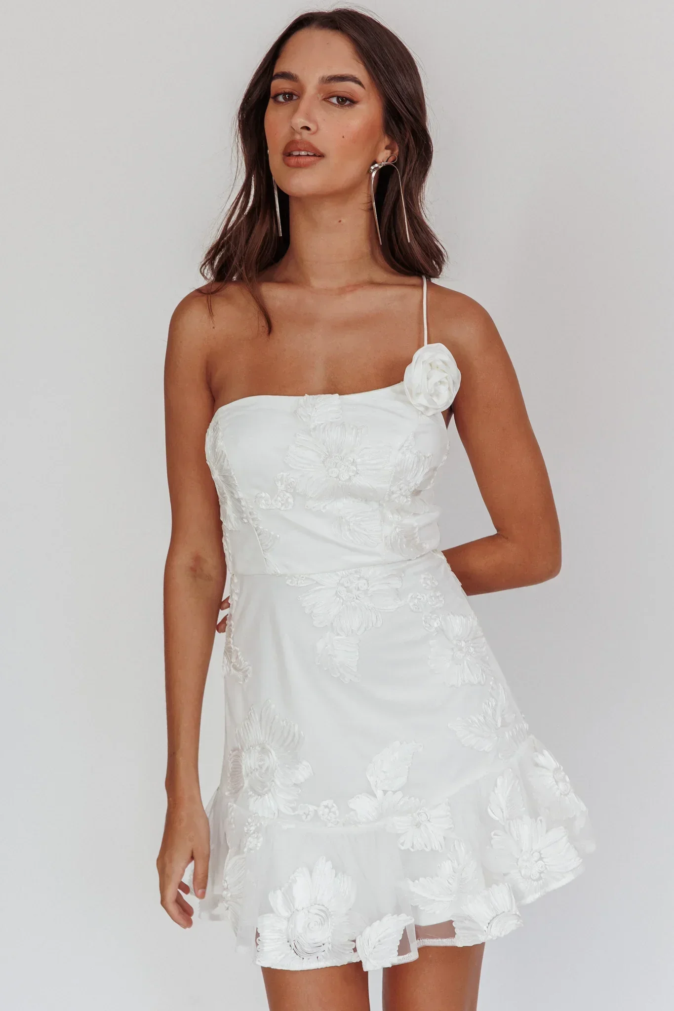 Lilah One-Shoulder Embellished Rosette Dress White