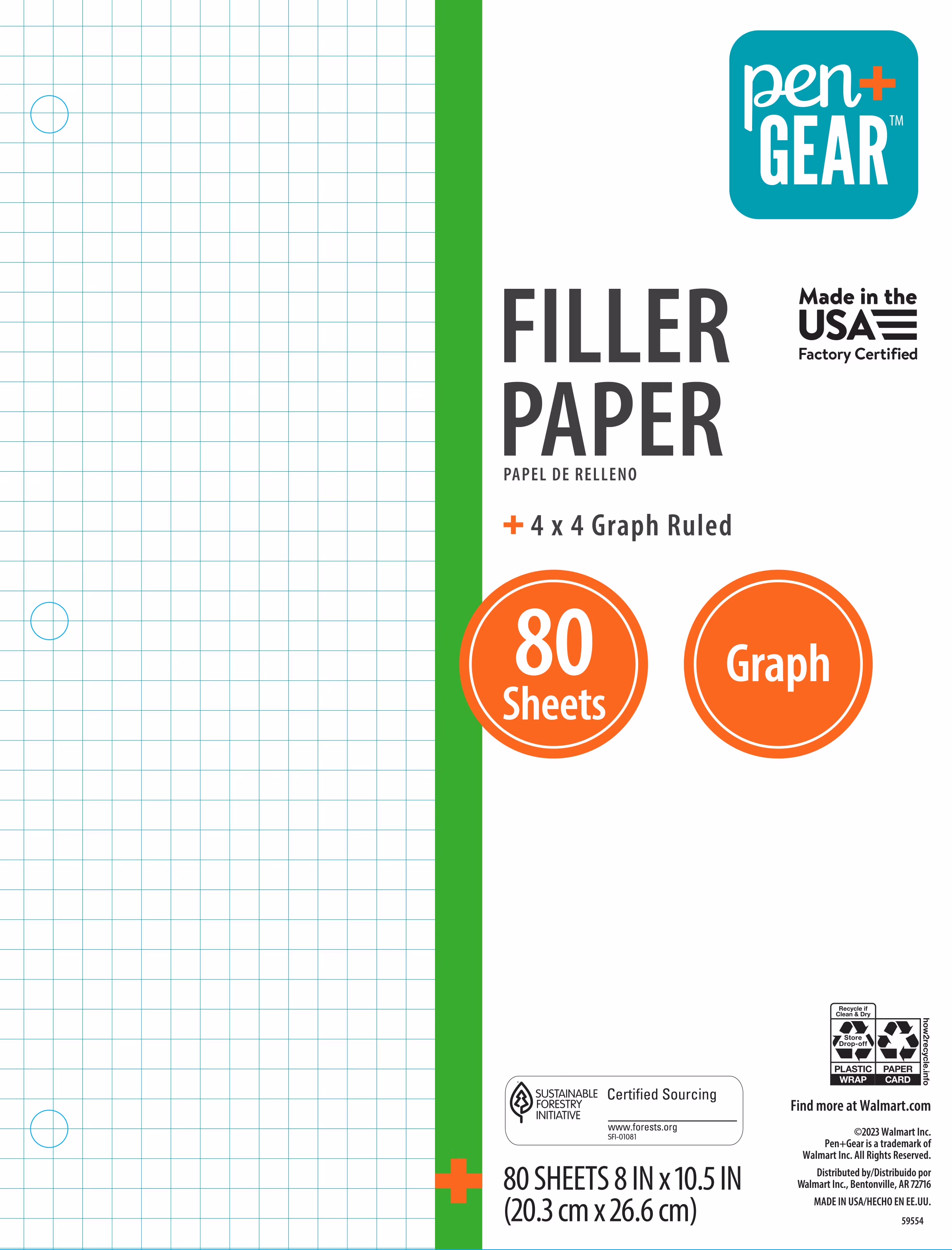 Pen+Gear Graph Ruled Quad Filler Paper, 4x4, 80 Sheets, 8 in x 10.5 in