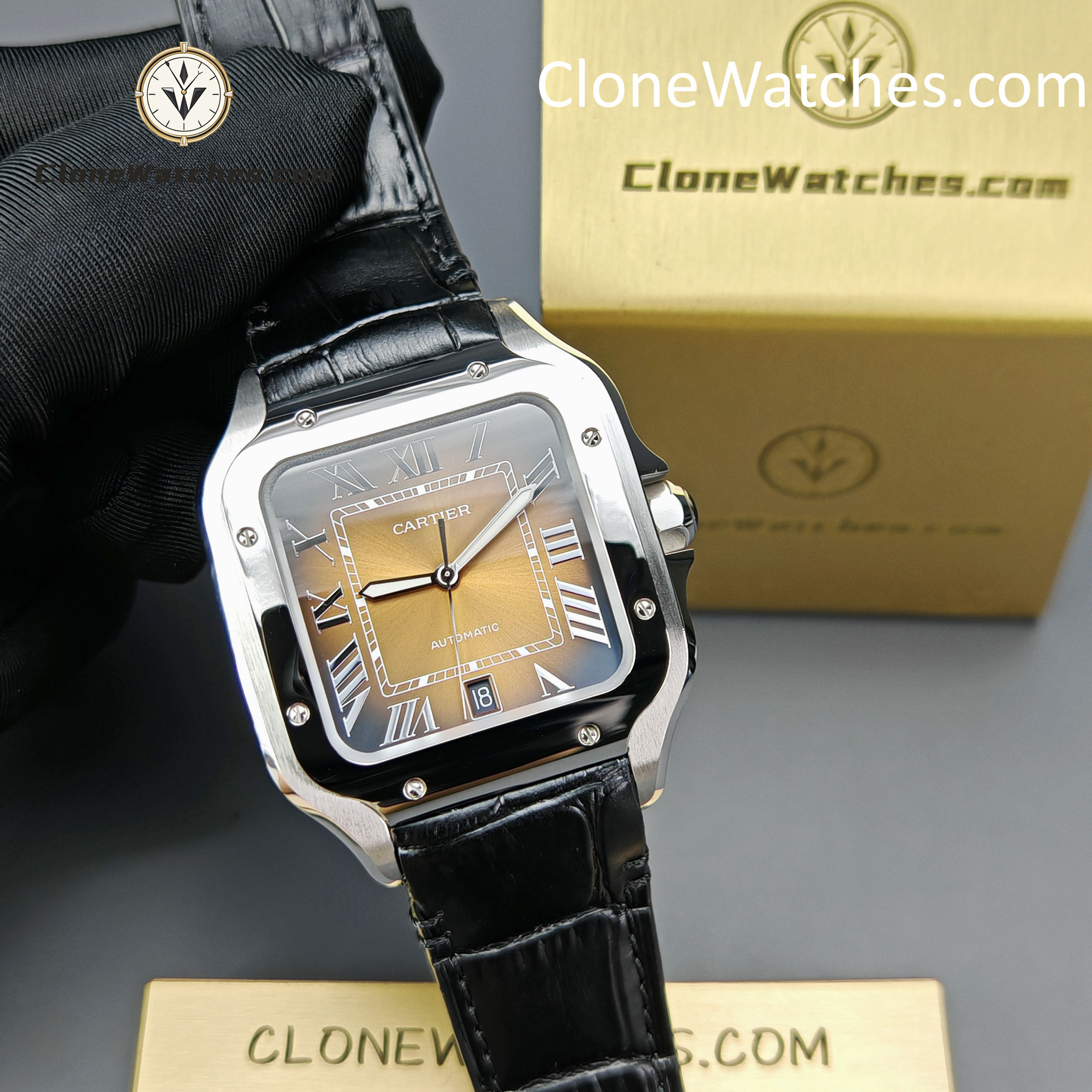 Cartier Super Clone Watches 1:1 Santos Gradient Brown Dial 39.8MM WSSA0064 Black Leather Belt