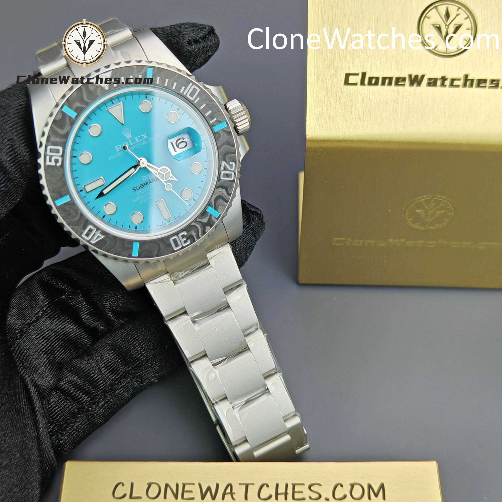 Rolex Super Clone Watches 1:1 DIW Aquamarine Tiffany Blue Dial Submariner Carbon Bezel 3135 Movement