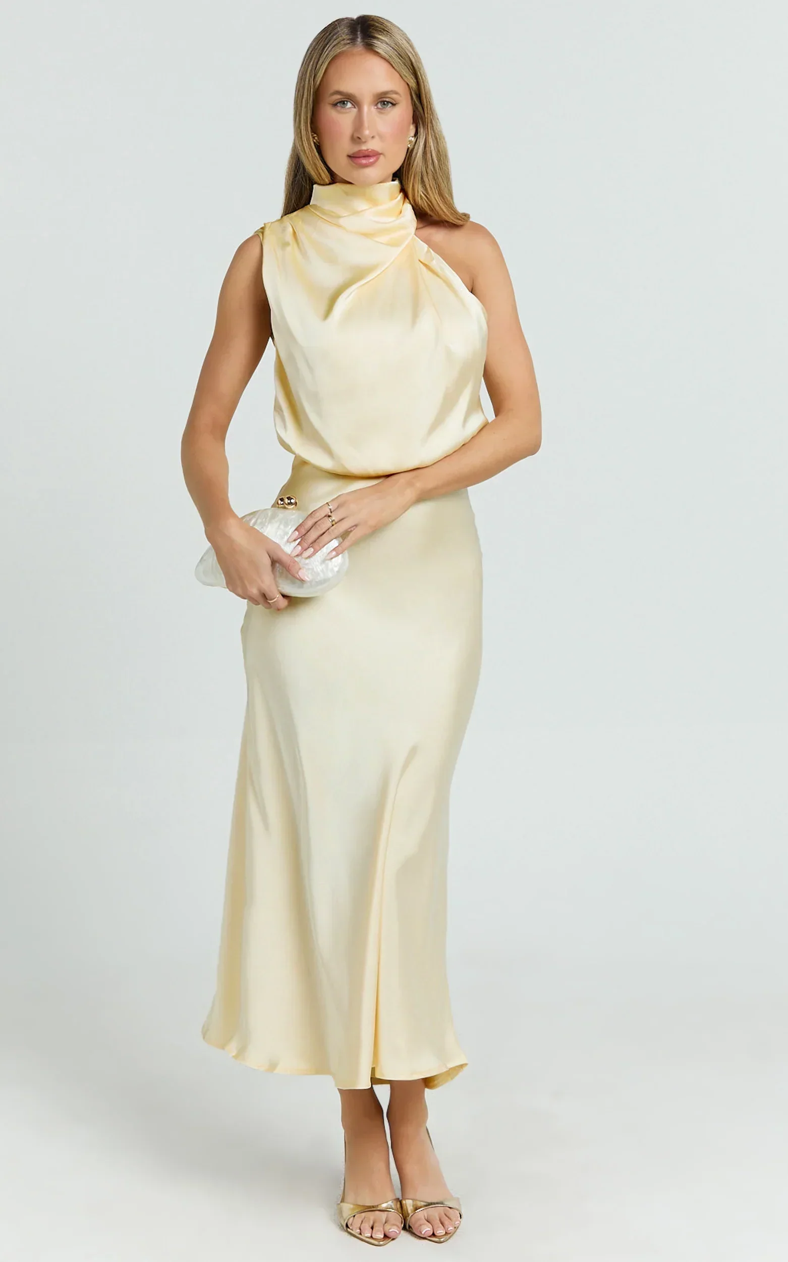 Minnie Midi Dress - Drape Neck Satin Slip Dress in Butter Yellow