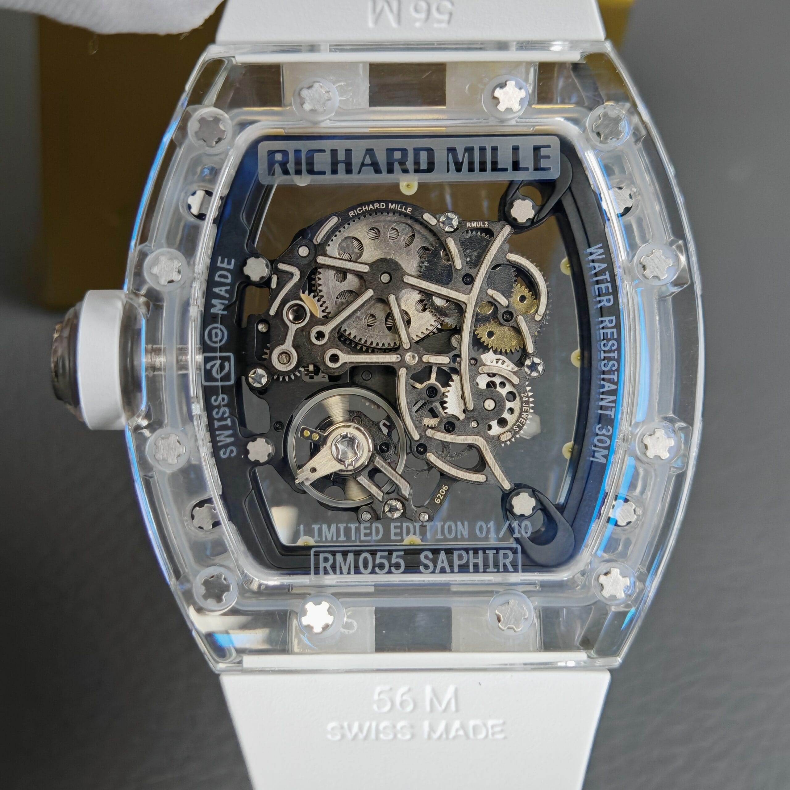 Richard Mille Super Clone Watches 1:1 RM 055 Full Transparent Tourbillon White Strap