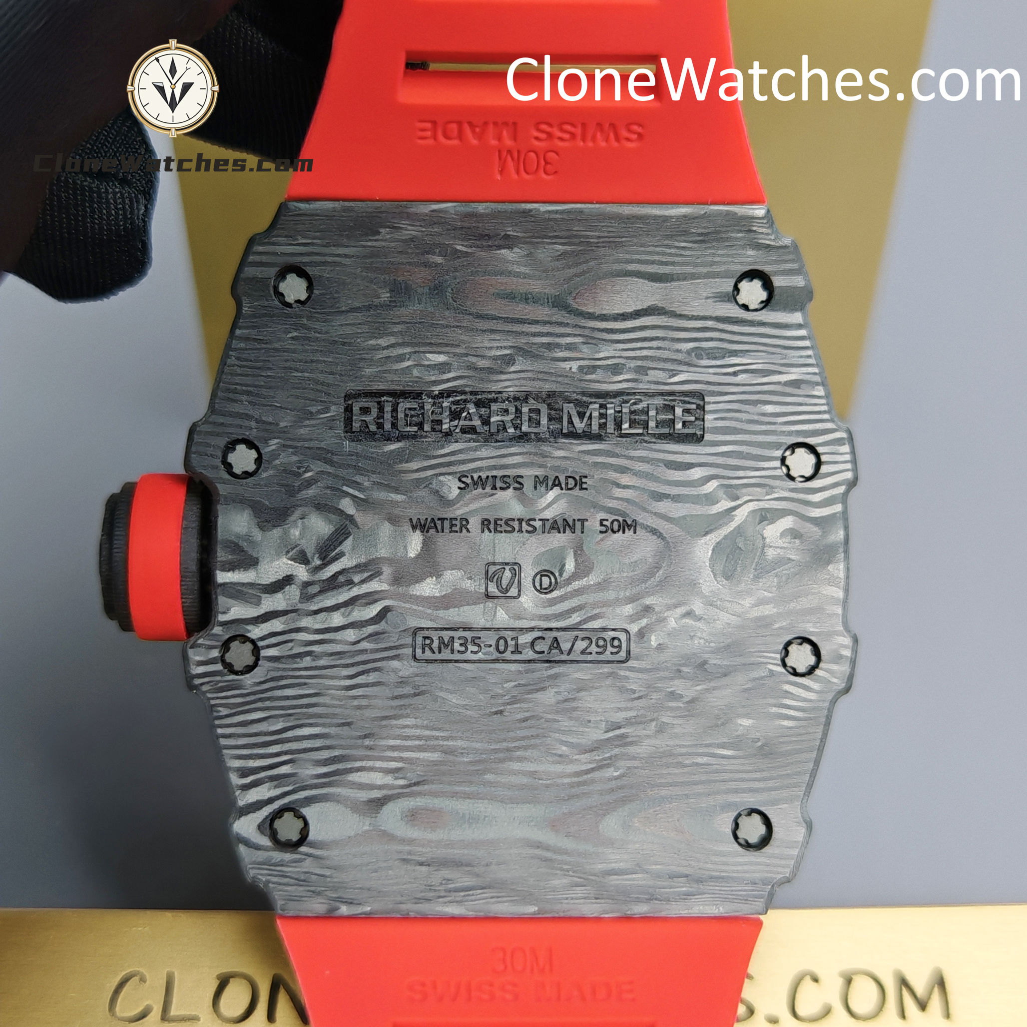 Richard Mille Super Clone Watches 1:1 RM 035 – 01 Carbon Tourbillon Red Strap