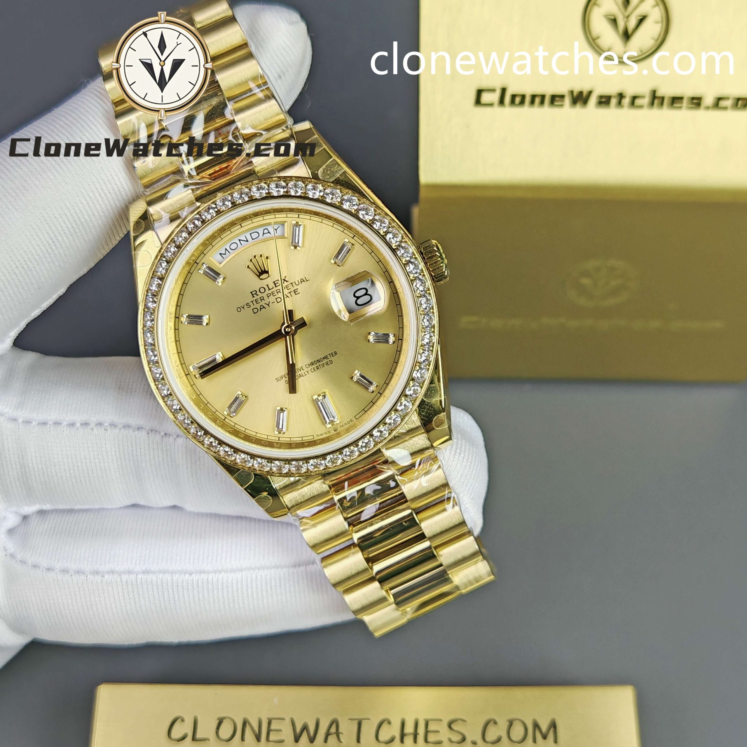 Rolex Super Clone Watches 1:1 Day Date Gold Dial Diamond Bezel M228348rbr-0002 40mm 3255 Movement