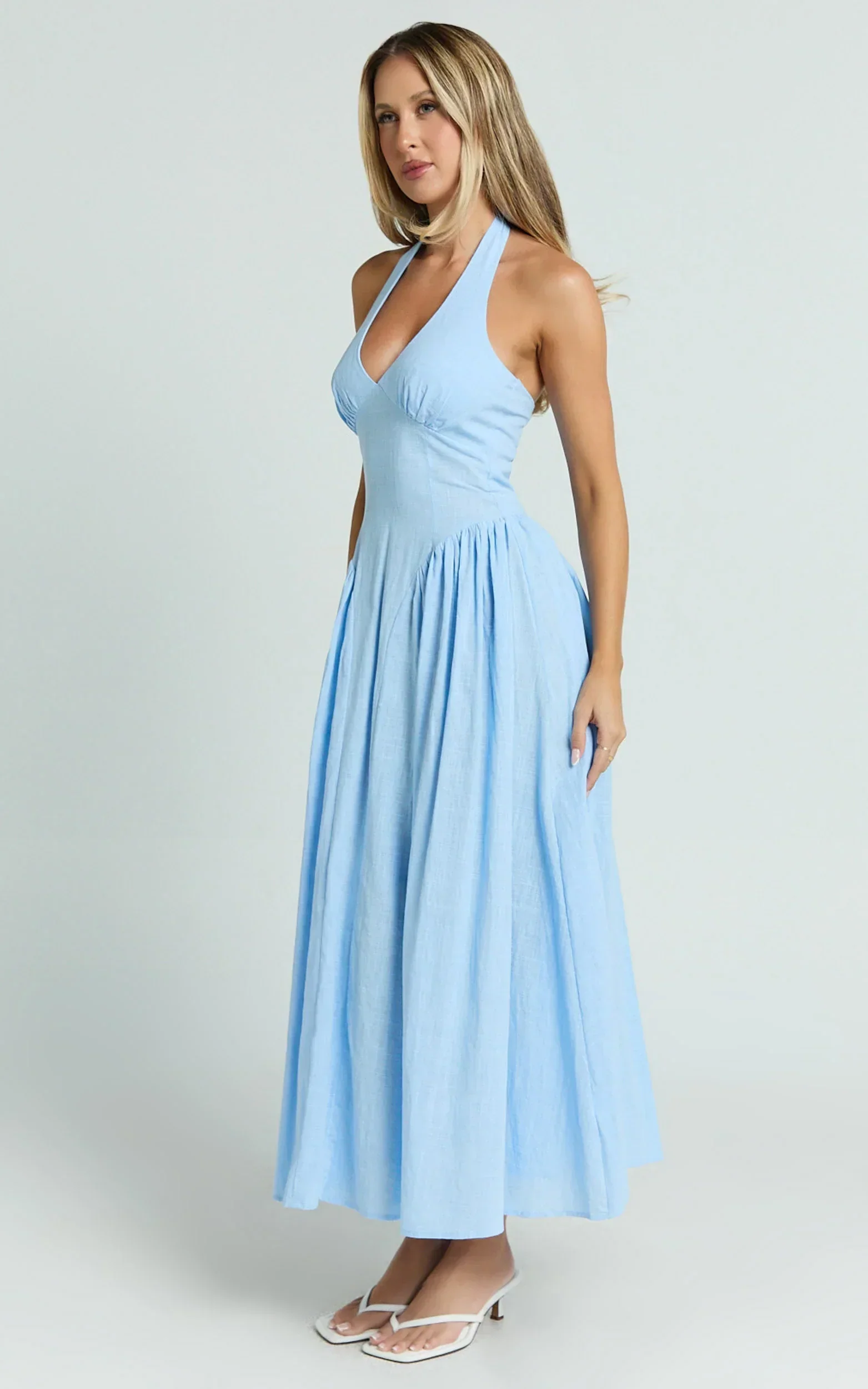 Athena Midi Dress - Halter Drop Waist Dress in Blue