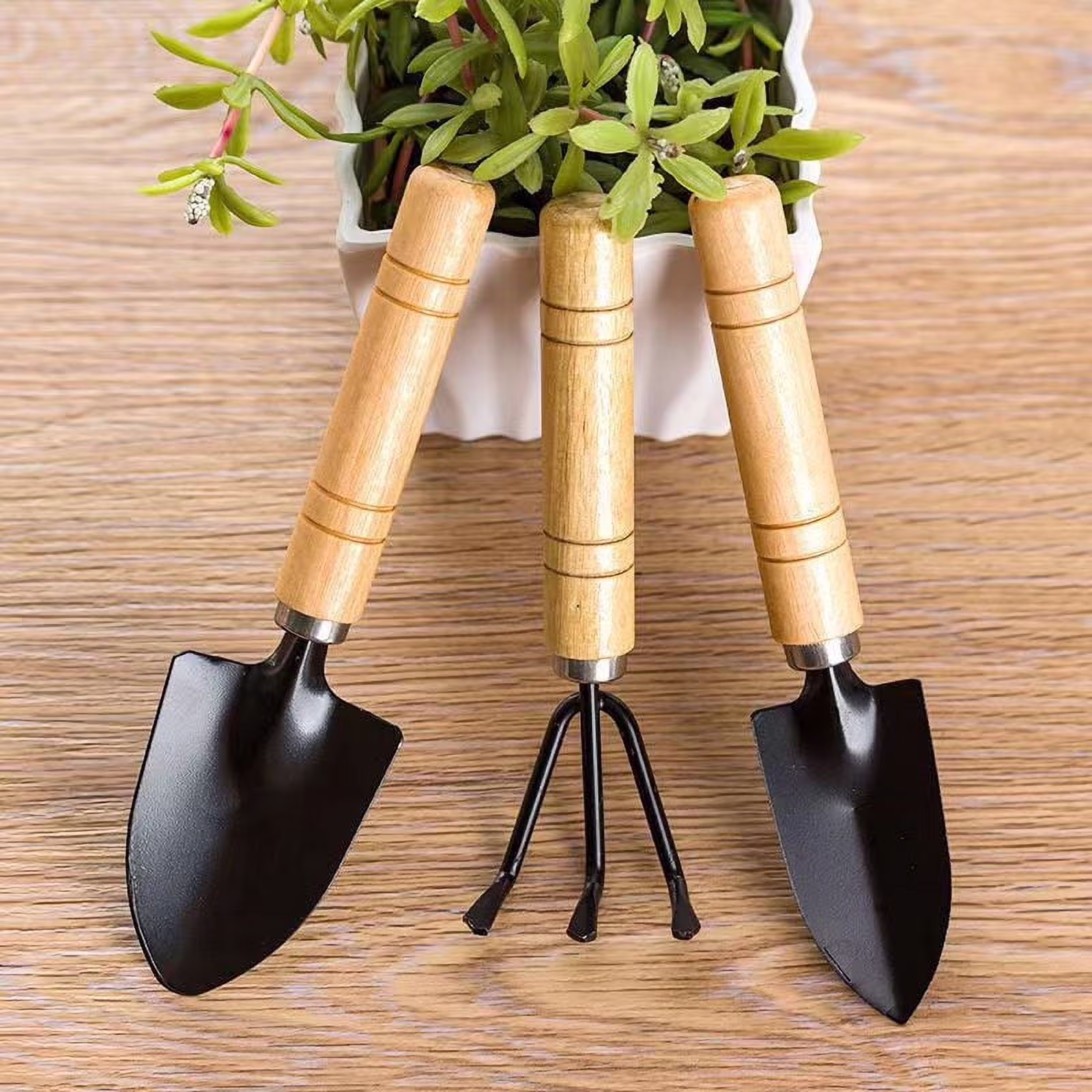 Moocorvic Mini Garden Tool Set, 3 Pieces Portable Mini Gardening Kit Including Hand Shovel, Transplant Shovel, Cultivator Hand Rake With Soft Wood Non-Slip Handle, Iron H