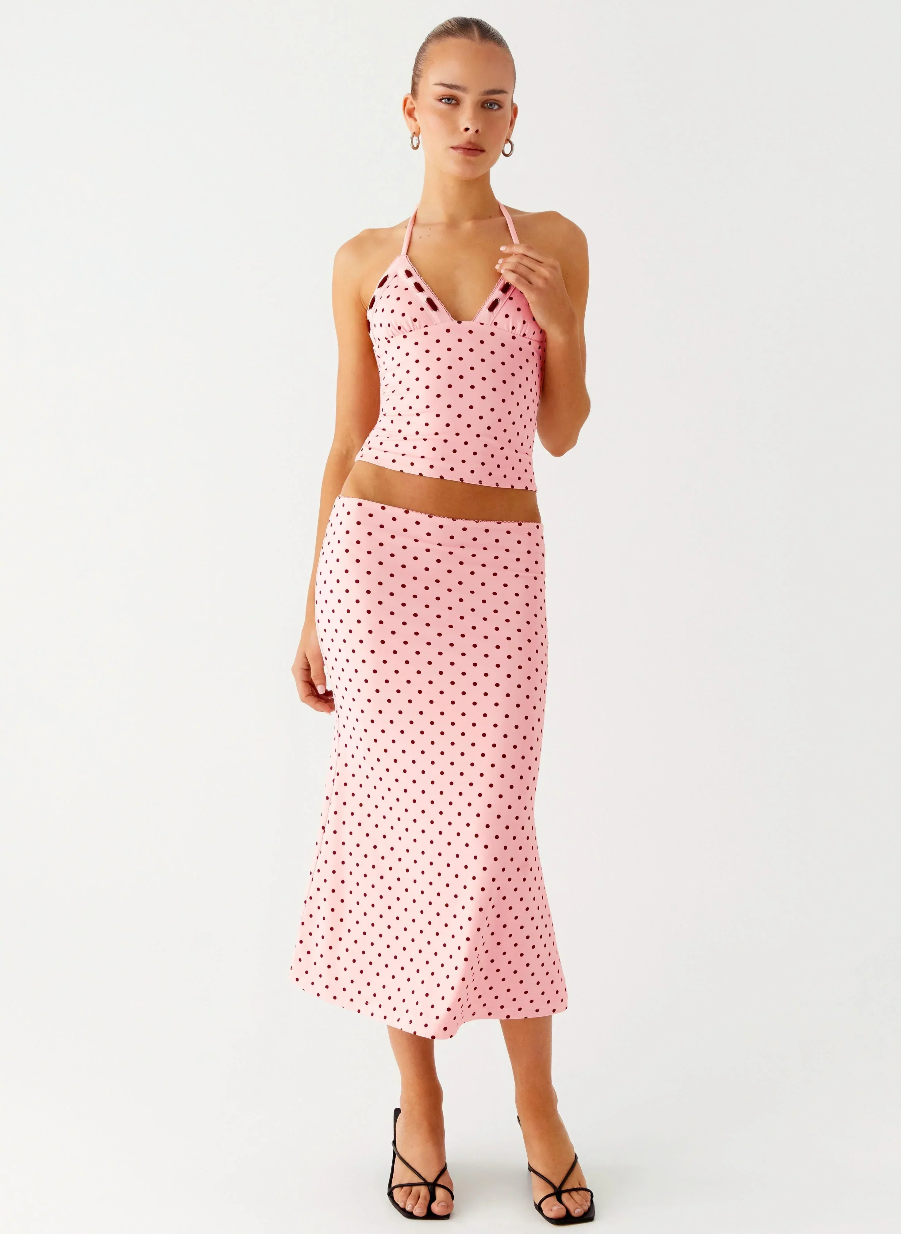 Bahama Low Rise Midi Skirt - Strawberry Dot