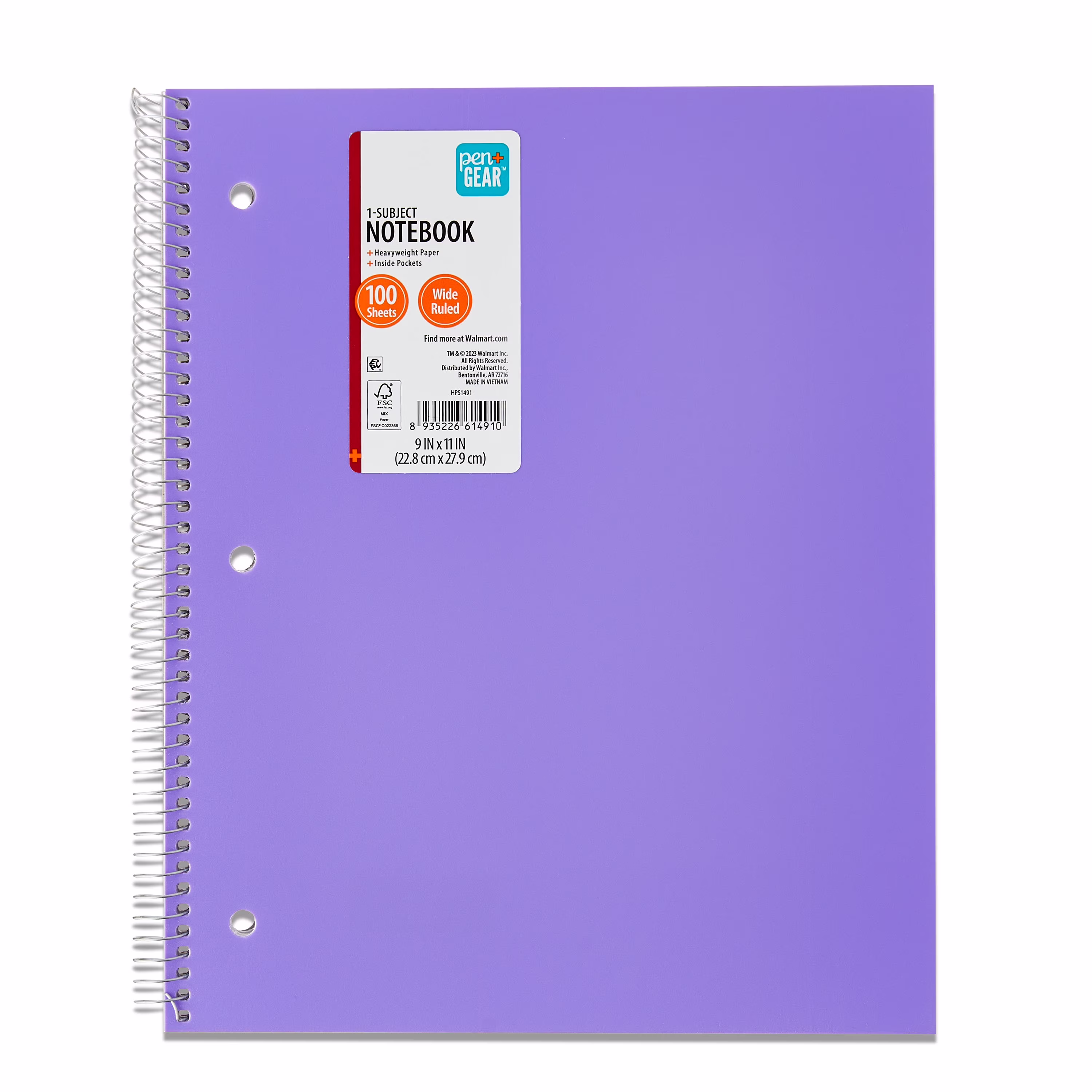 Pen+Gear Poly 1-Subject Spiral Notebook, Wide Ruled, 9 in x 11 in, 100 Sheets, Green