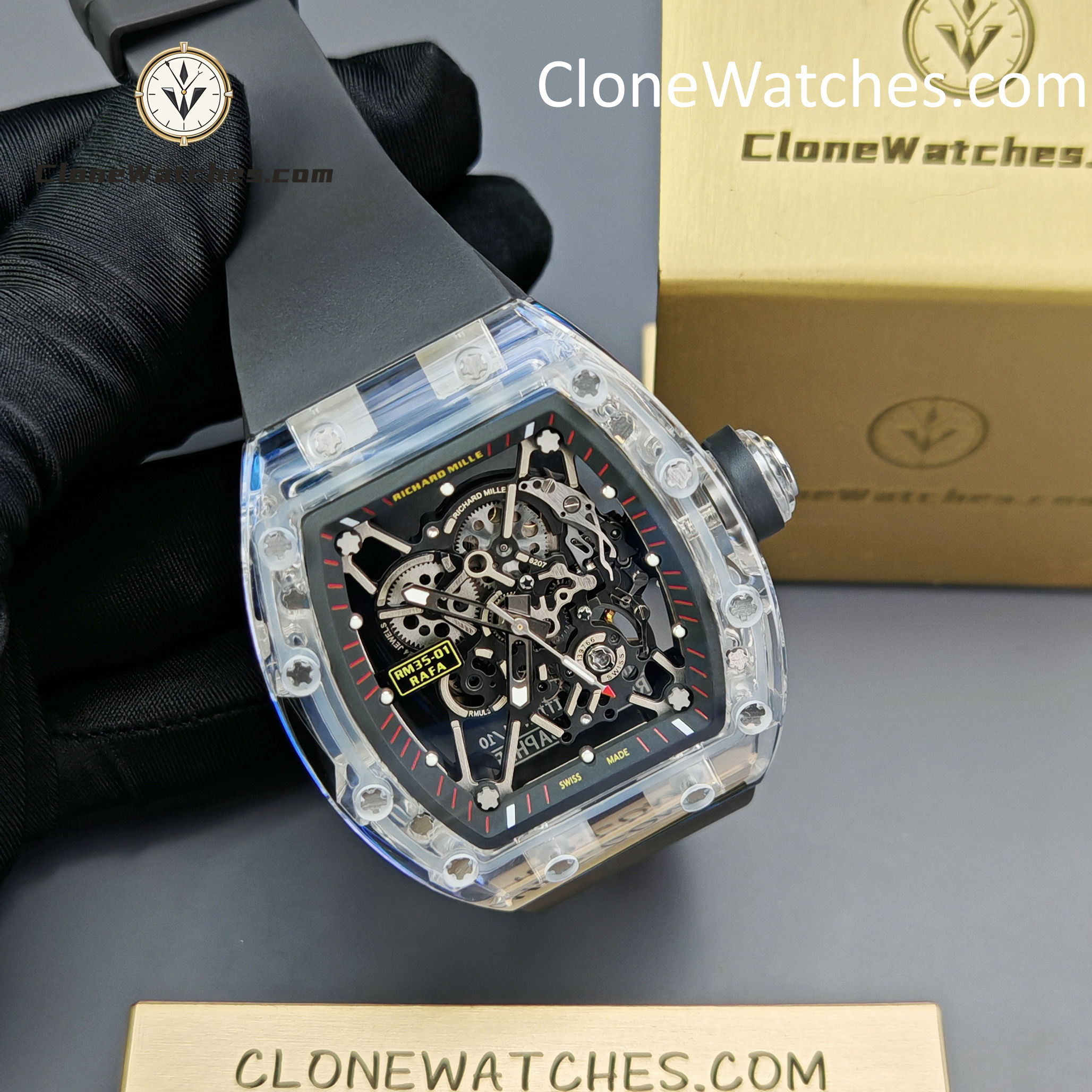 Richard Mille Super Clone Watches 1:1 RM 035 Full Transparent Tourbillon Black Strap