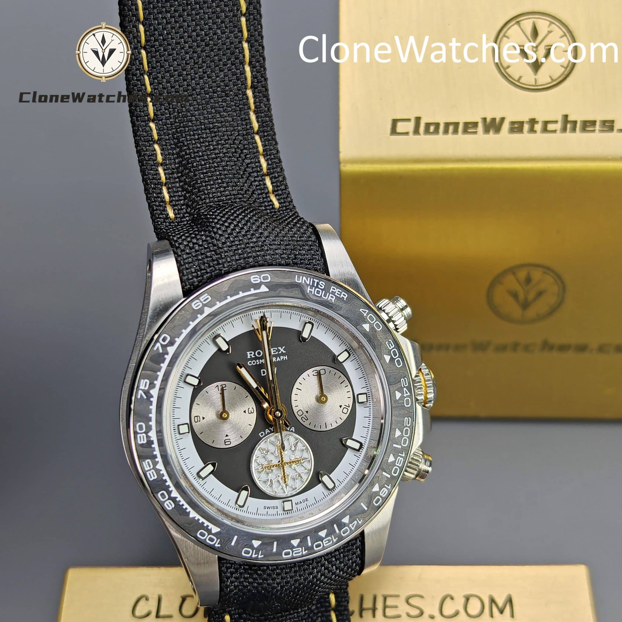 Modified Super Clone Watches 1:1 DiW Rolex Daytona “EXCEPTIONAL UNIQUE” 4130 Movement Black Strap