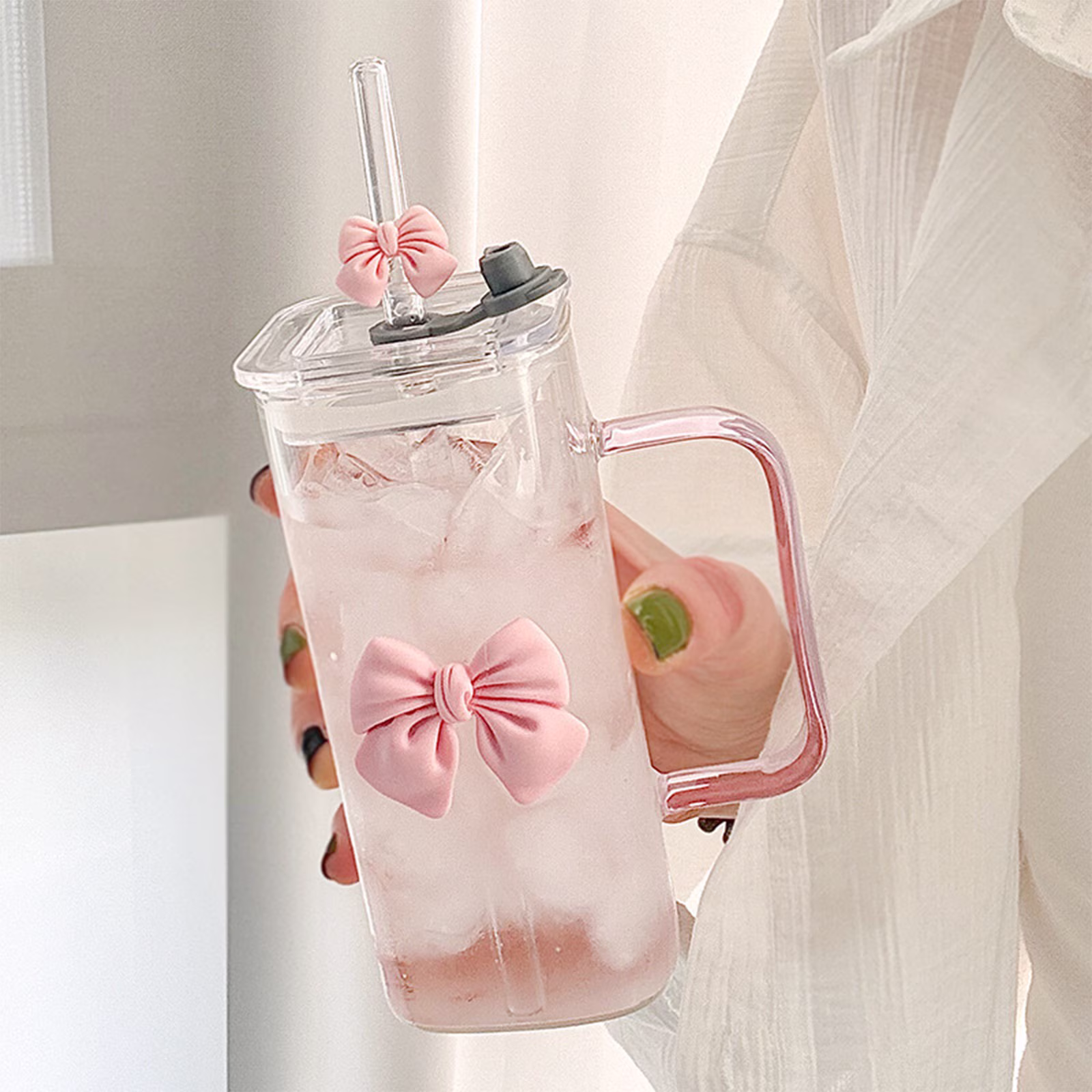 OAVQHLG3B Square Glass Cups with Lids and Straws，Heat Resistant Glass Tumbler with Handle Bow Knot Transparent Drinking Glasses for Water,Juice,Iced Coffee,Milk,Tea