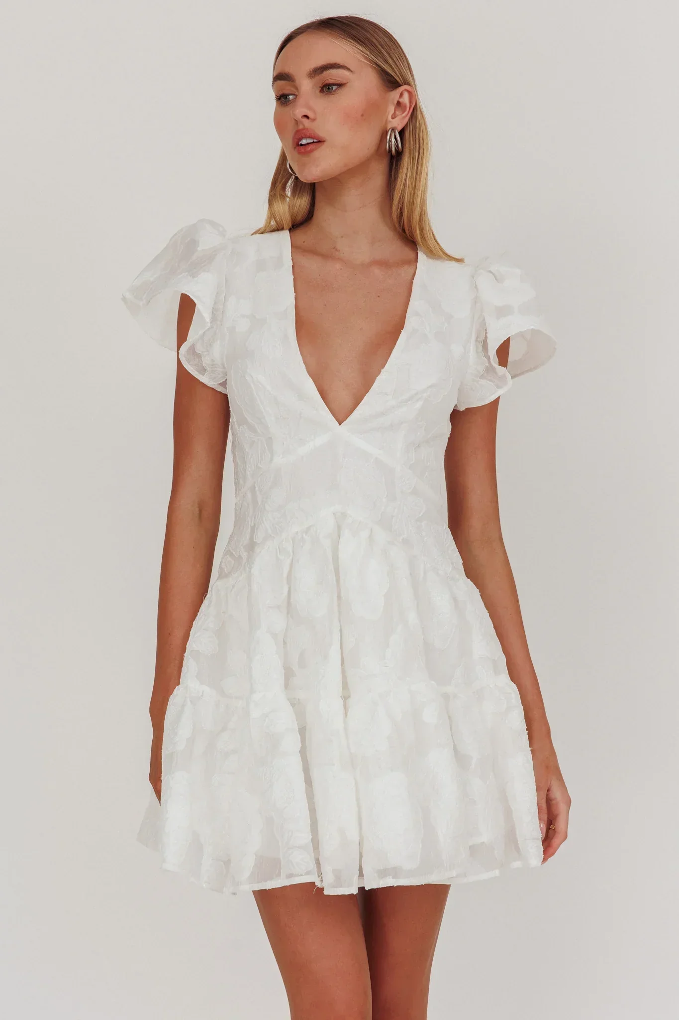 Irenna Ruffle Sleeve V-Neck Mini Dress Textured White