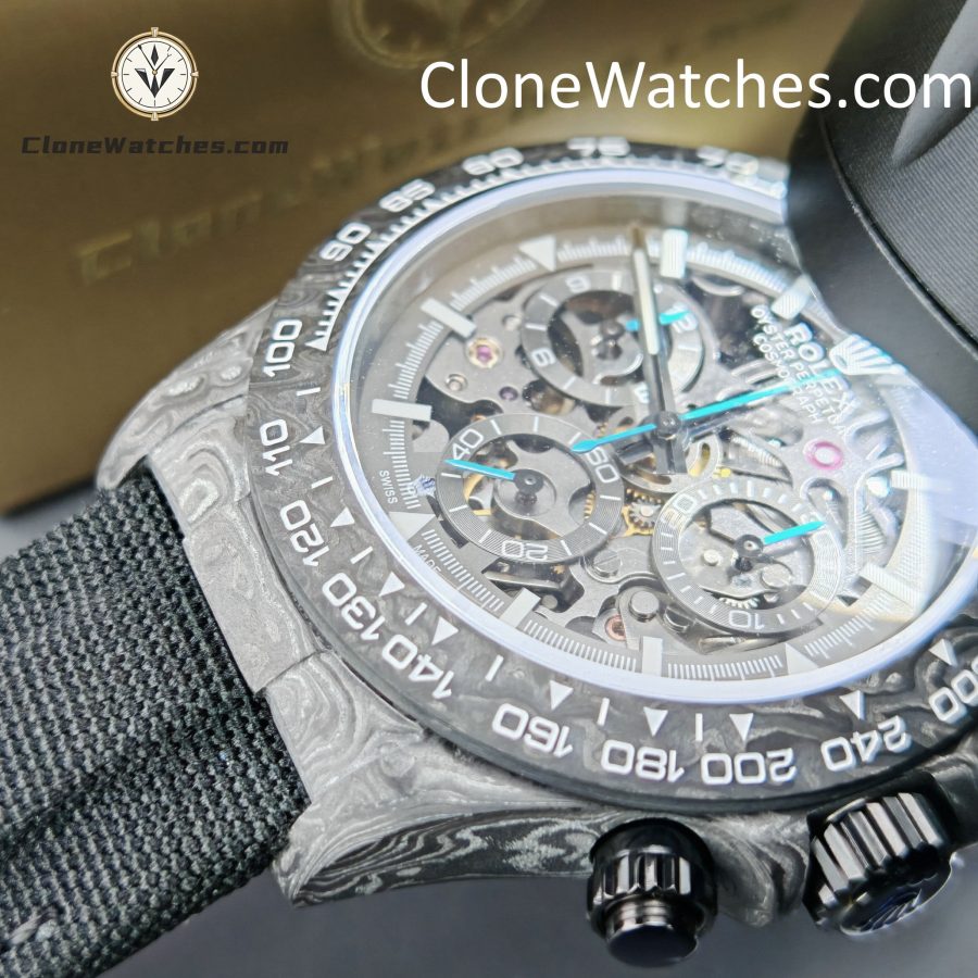 Rolex Super Clone Watches 1:1 Skeleton Daytona Carbon NTPT DIW 4130 Movement
