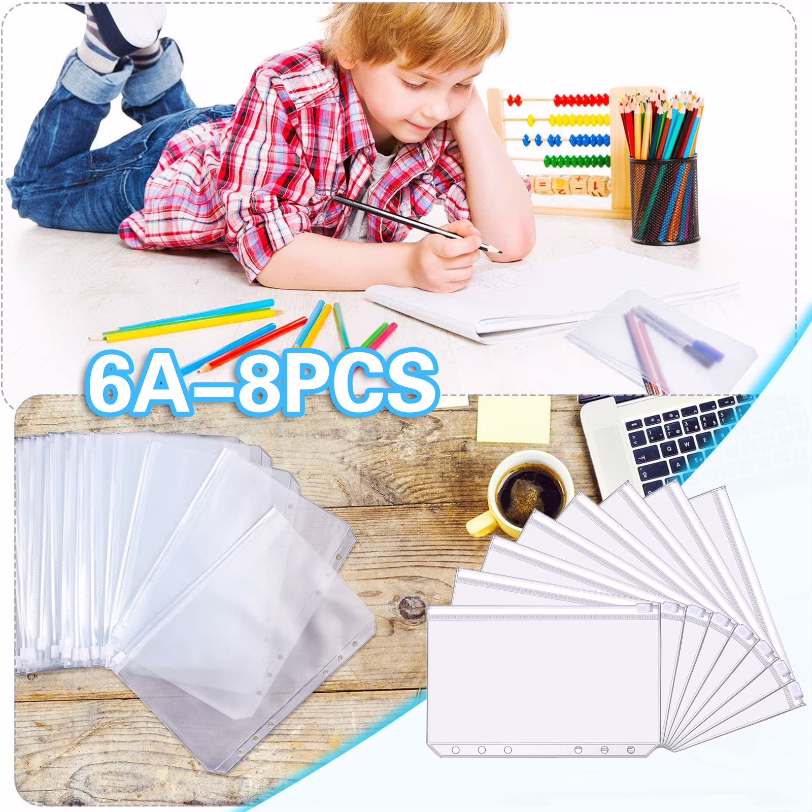 8 PCS A6 Binder Pockets, Plastic Pouches, Clear Zipper Pouch Folders, Clear Pencil Pouch, Cash Envelopes, Clear Waterproof Envelope Pouch with Zipper for Office Supplies
