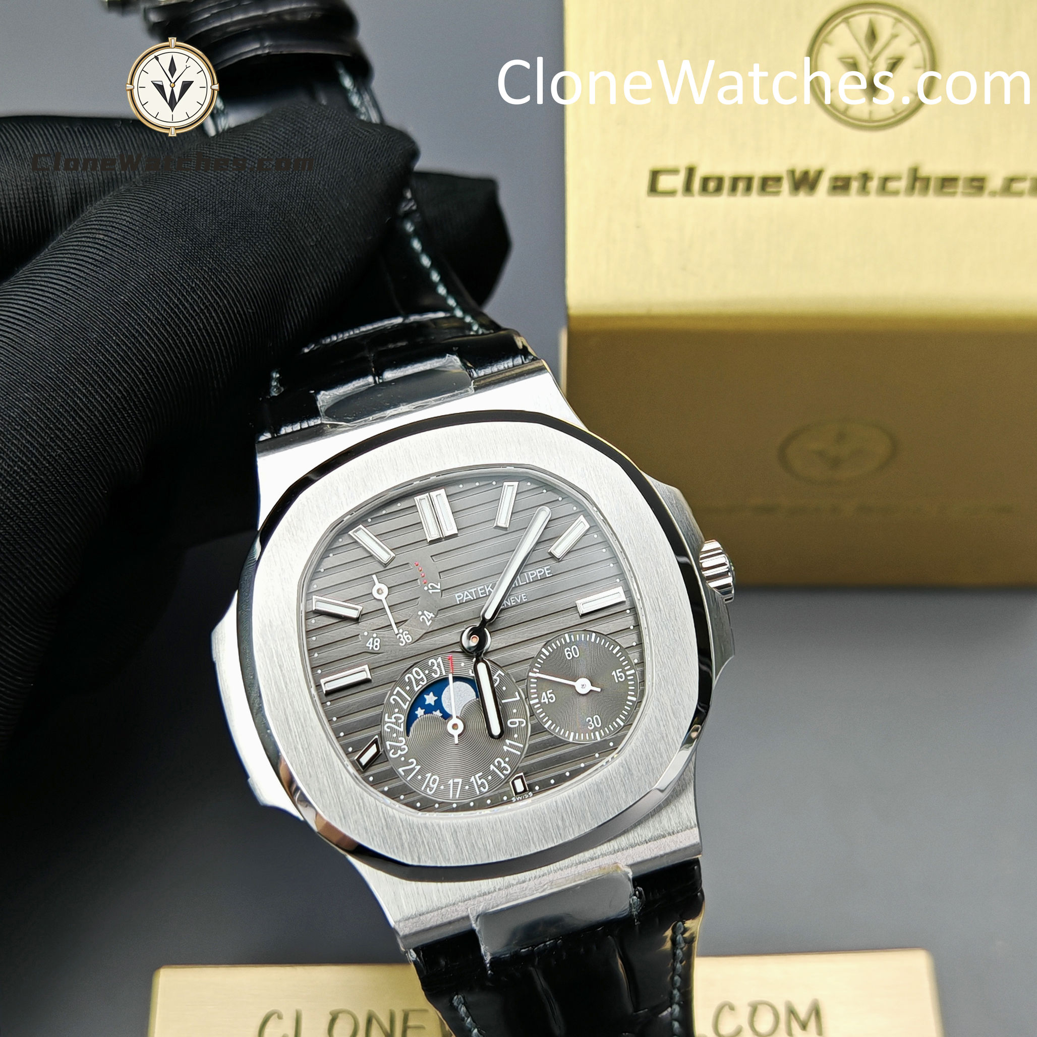 Patek Philippe Super Clone Watches 1:1 Nautilus 5712 Gray Dial Black Leather Strap