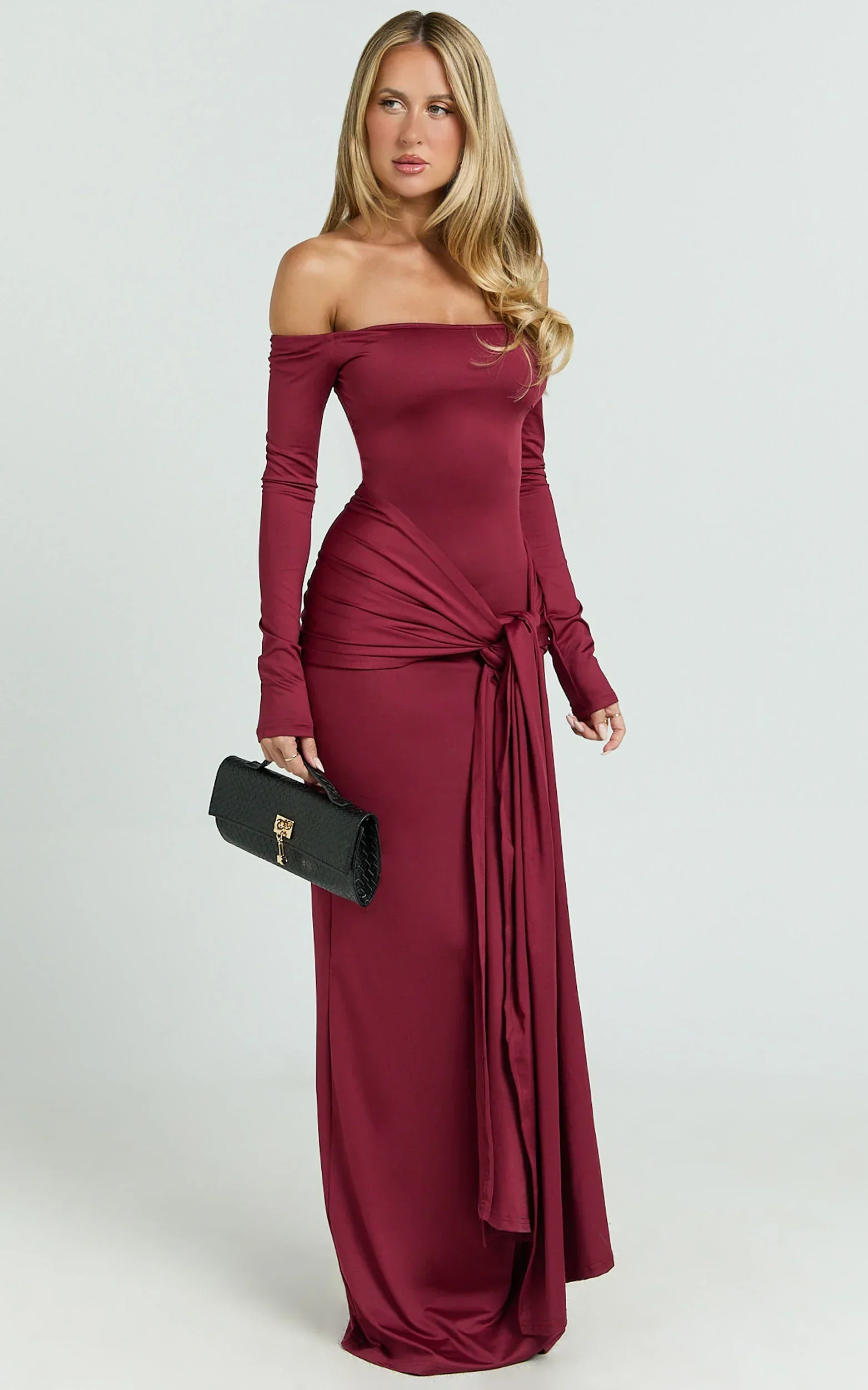 Judith Maxi Dress - Boat Neck Backless Tie Front Long Sleeve Jersey Dress in Wine