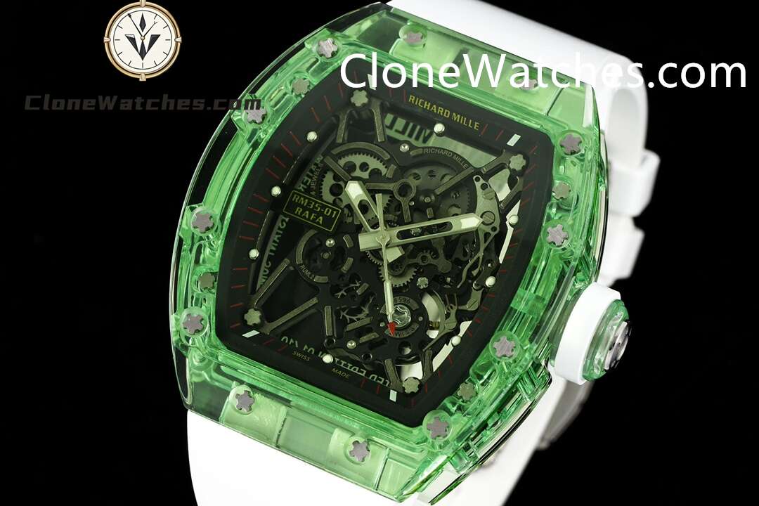 Richard Mille Super Clone Watches 1:1 RM 035 Green Crystal Tourbillon White Strap