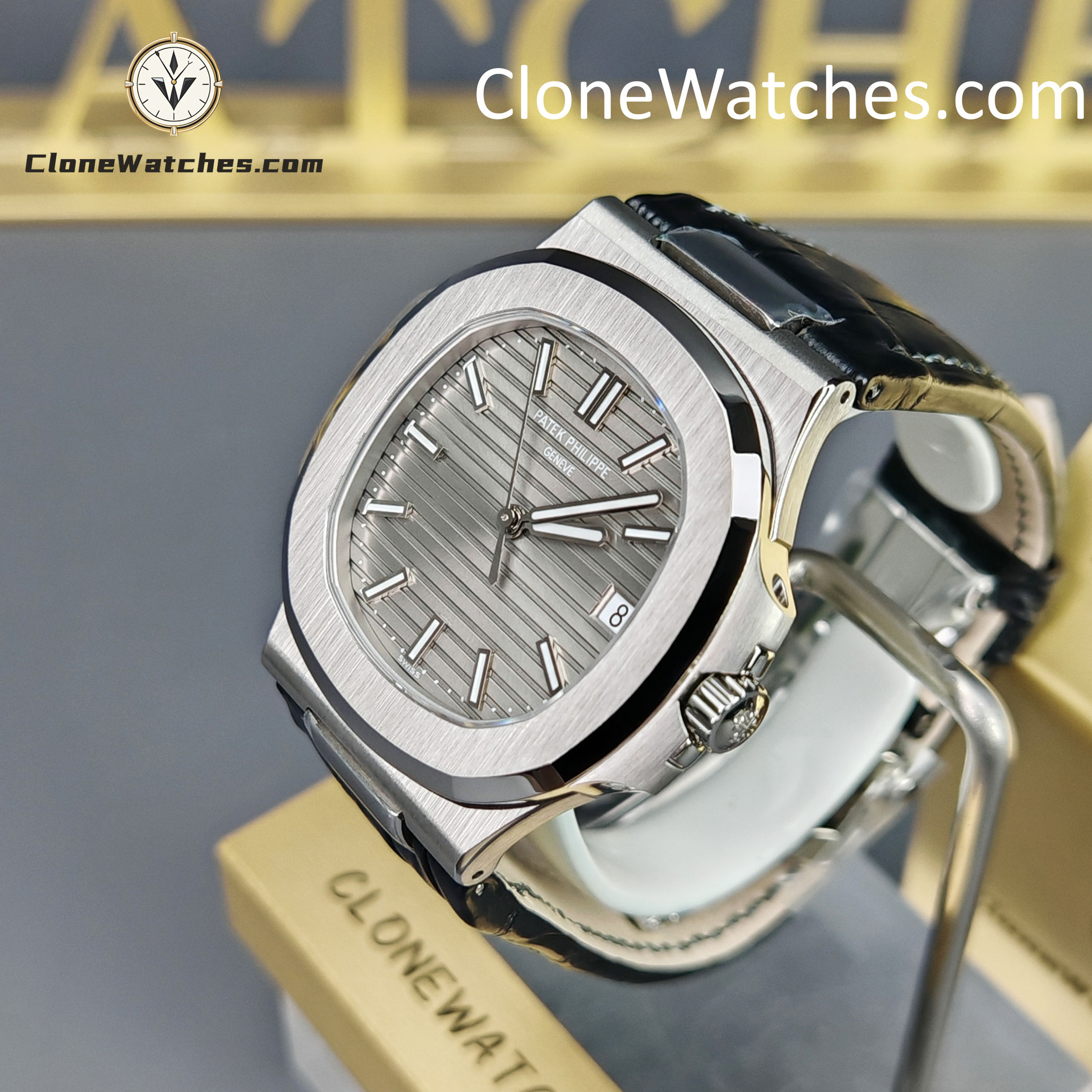 Patek Philippe Super Clone Watches 1:1 Nautilus 5711 Grey Dial Black Leather Strap