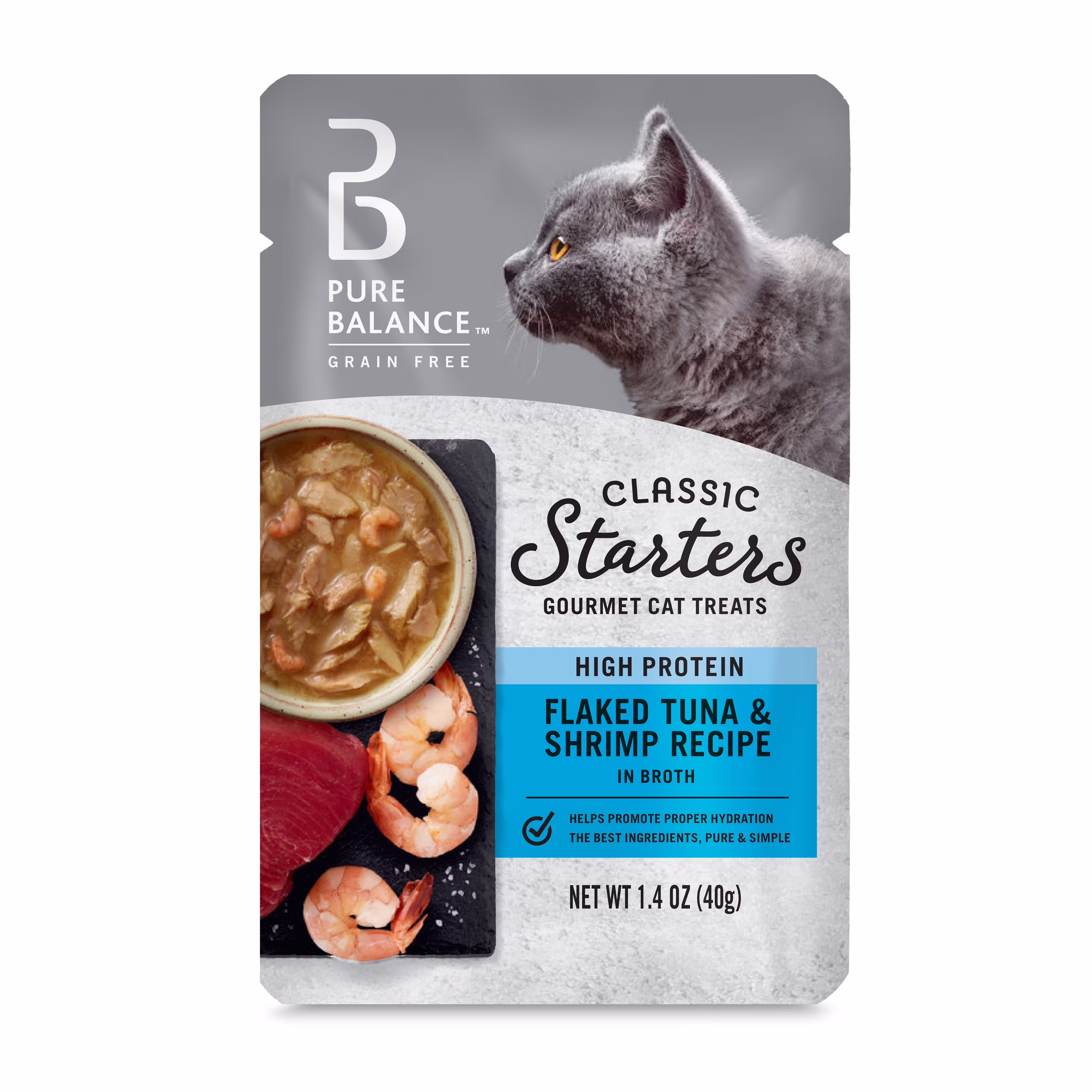 (14 pack) Pure Balance Classic Starters Flaked Tuna & Shrimp Recipe in Broth Gourmet Cat Treats, 1.4 oz